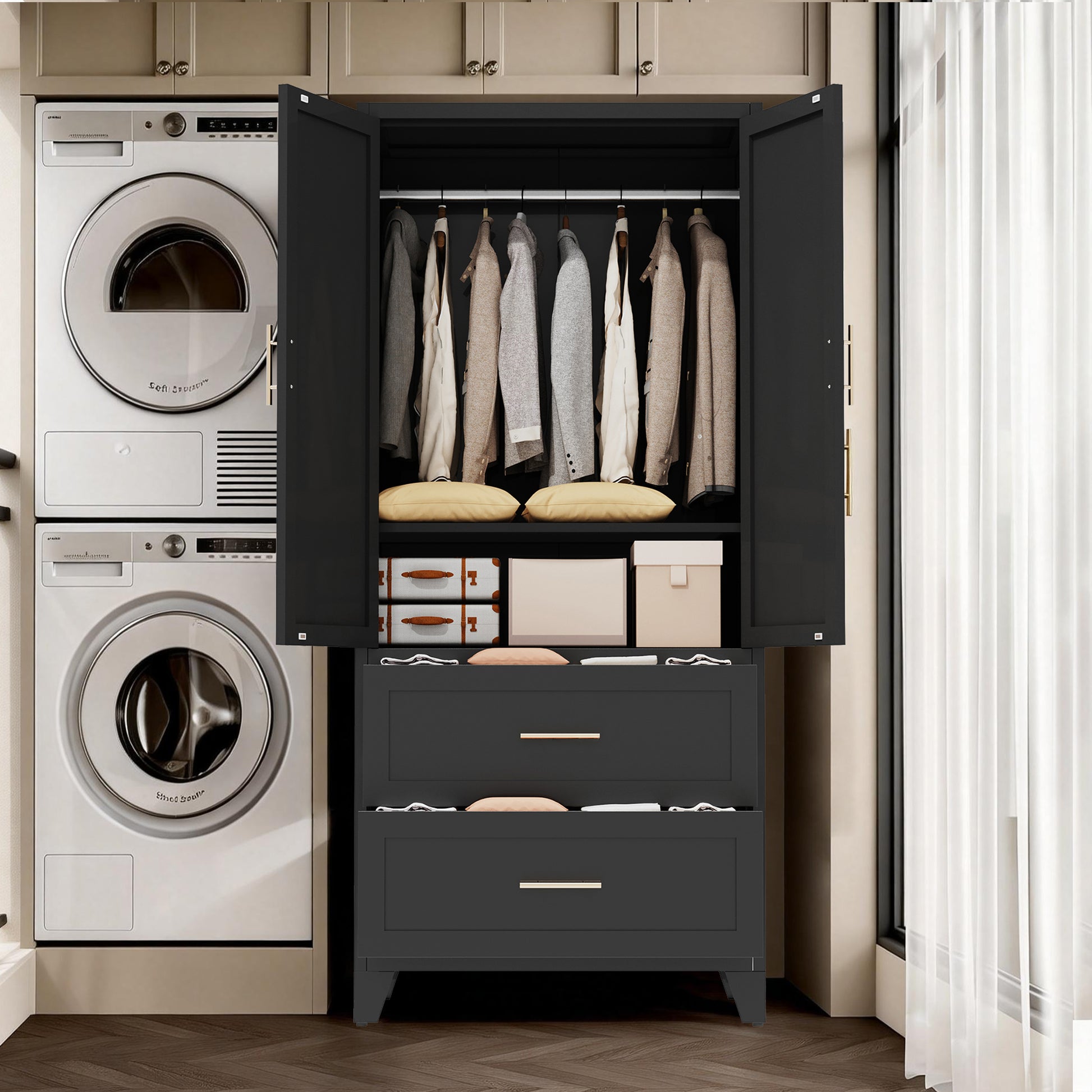 71" Tall Metal Wardrobe Cabinet with 2 Drawers and Hanging Rod, 2 Doors Wardrobe Closet with Shelf for Bedroom, Office, Laundry Room,Entryway,Foyer,Guesthouse (Black) image 4