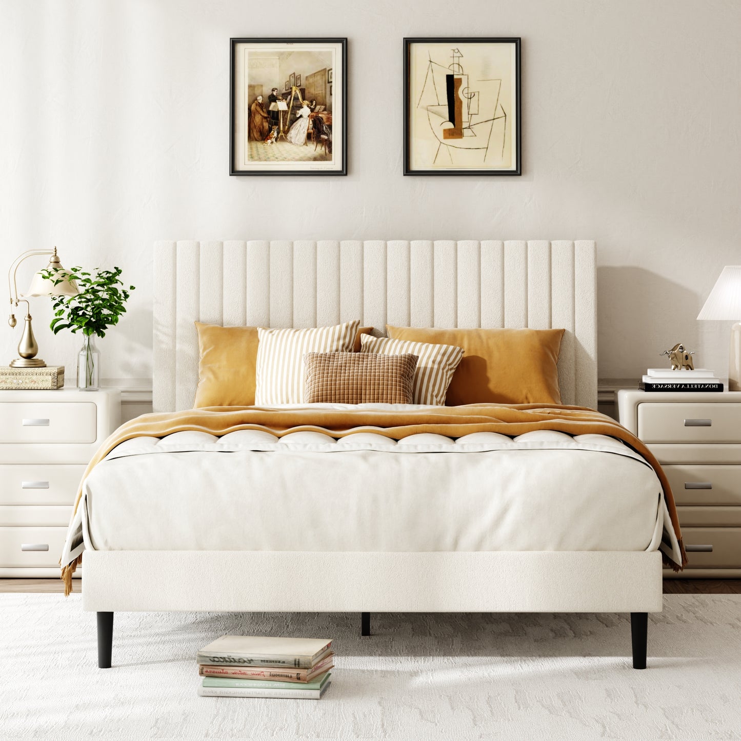 Queen Size Bed frame, Velvet Upholstered Platform Bed with Height-Adjustable Headboard, Sturdy Frame and Alats, Quiet Design, No-Spring Mattress Compatible, Easy to Assemble, Beige image 3
