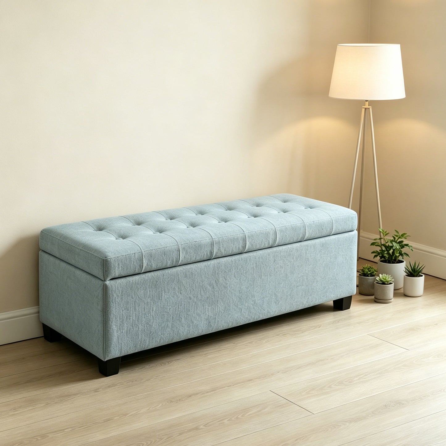 Storage Ottoman, Storage Bench, Tufted Entryway Bedroom Bench, 49.75Inches, Hinges Easy Lid Operation, Wooden Legs, Polyester fabric, Loads 300 lb,Baby Blue image 2