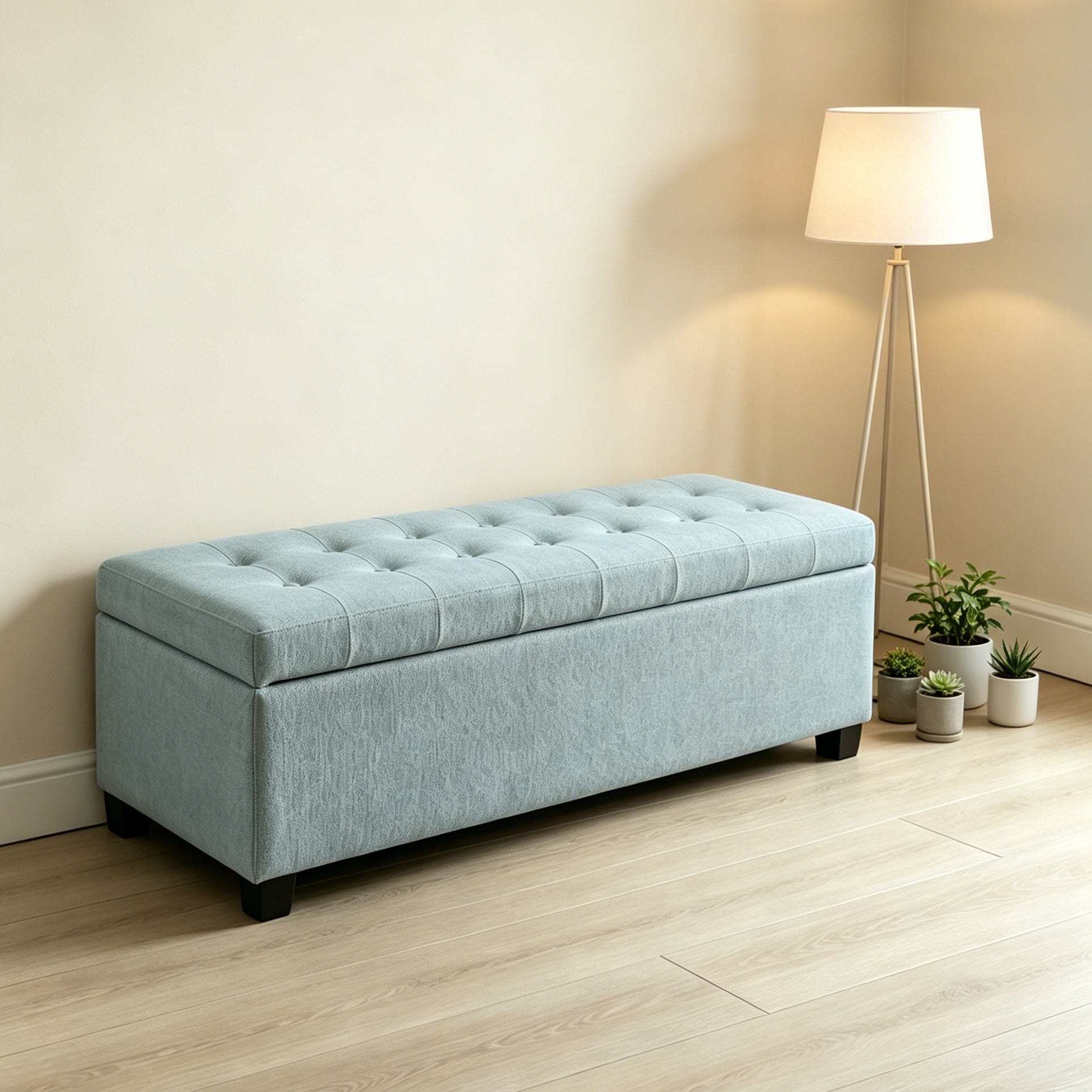 Storage Ottoman, Storage Bench, Tufted Entryway Bedroom Bench, 49.75Inches, Hinges Easy Lid Operation, Wooden Legs, Polyester fabric, Loads 300 lb,Baby Blue image 2