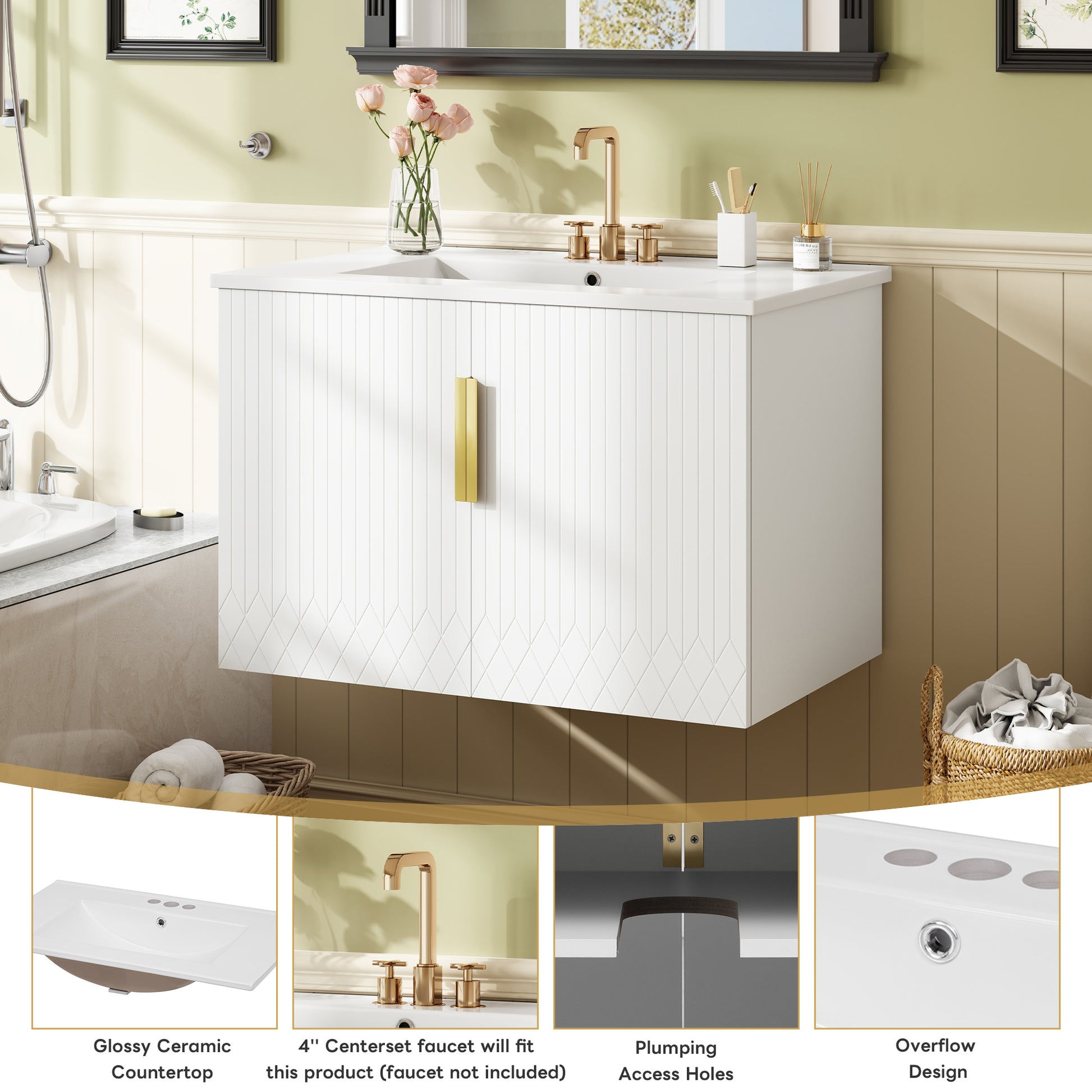 30" Vintage Bathroom Vanity with Ceramic Sink, with 3 Holes Single Ceramic Sink, Bathroom Storage Vanity Cabinet with 2 Soft Closing Doors image 5