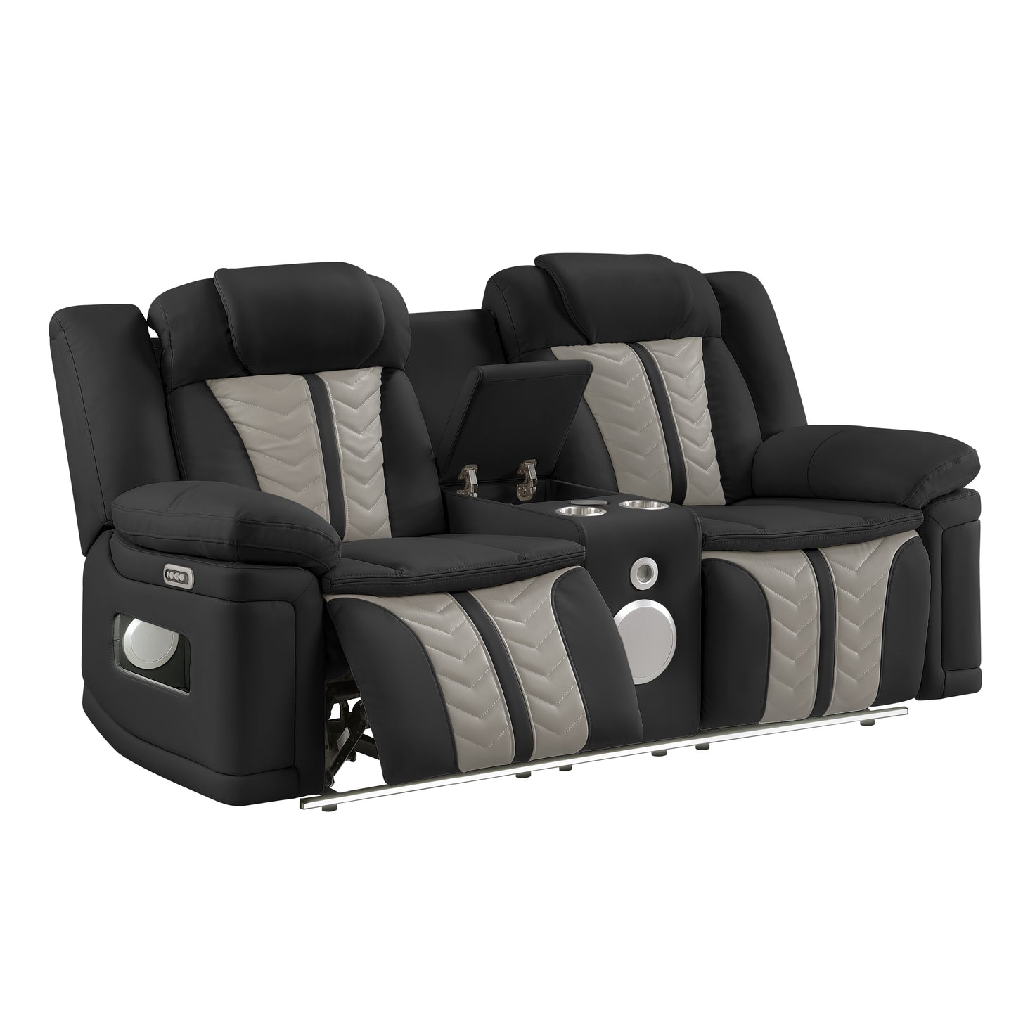 Cruiser Power Reclining Loveseat with Console, Power Headrests, LED Lighting, Speaker & Massage Made with Faux Leather in Black and Gray image 3