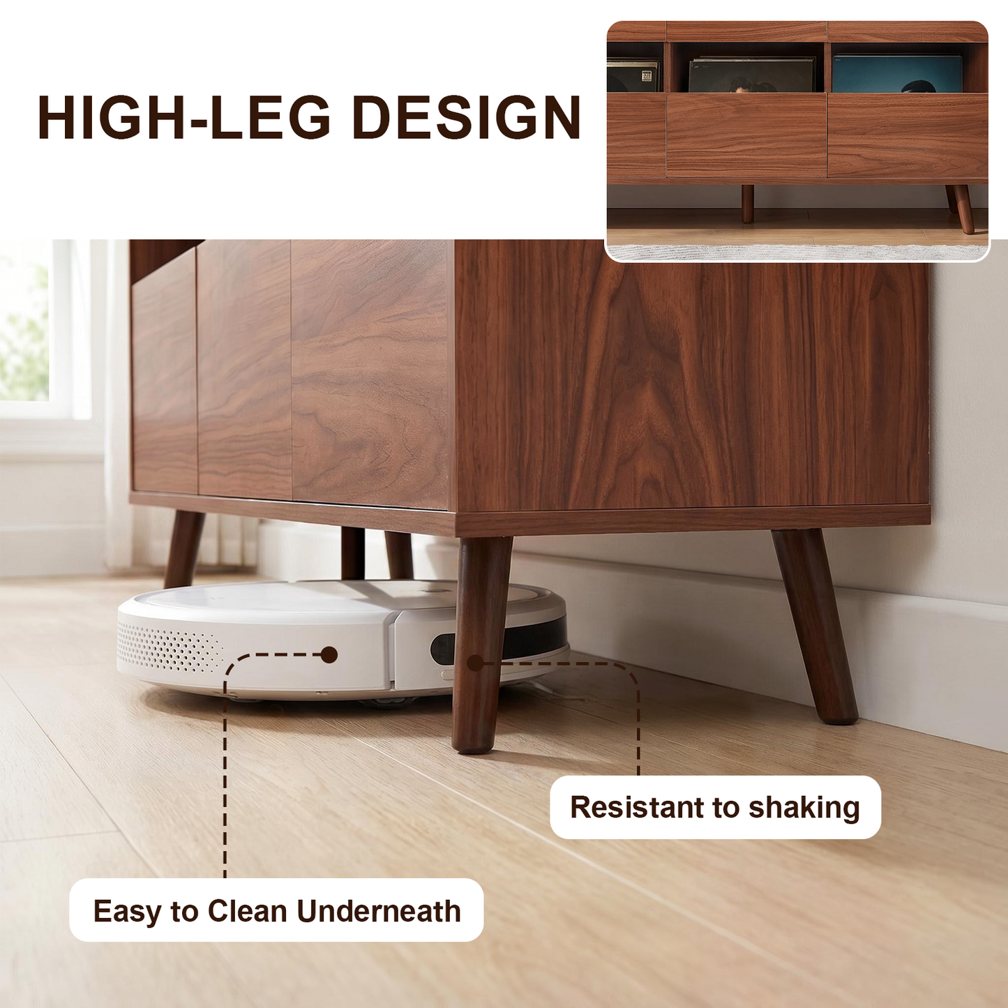 Large record player stand with open shelves for vinyl storage