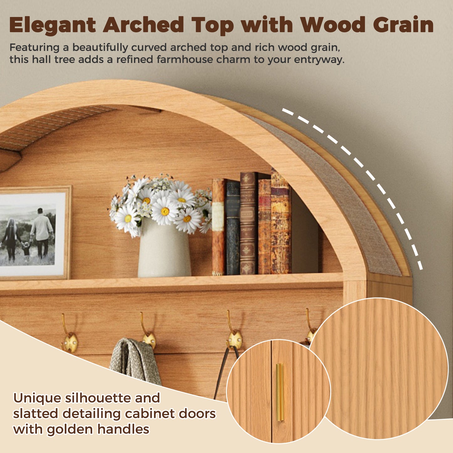 Farmhouse Fabric Arched Top Hall Tree with 5 Metal Hooks, All-in-One Mudroom Furniture with Adjustable Shelves, Mid-Century Fluted Door Entryway Bench with Wood Grain Finish for Hallway, Natural image 3