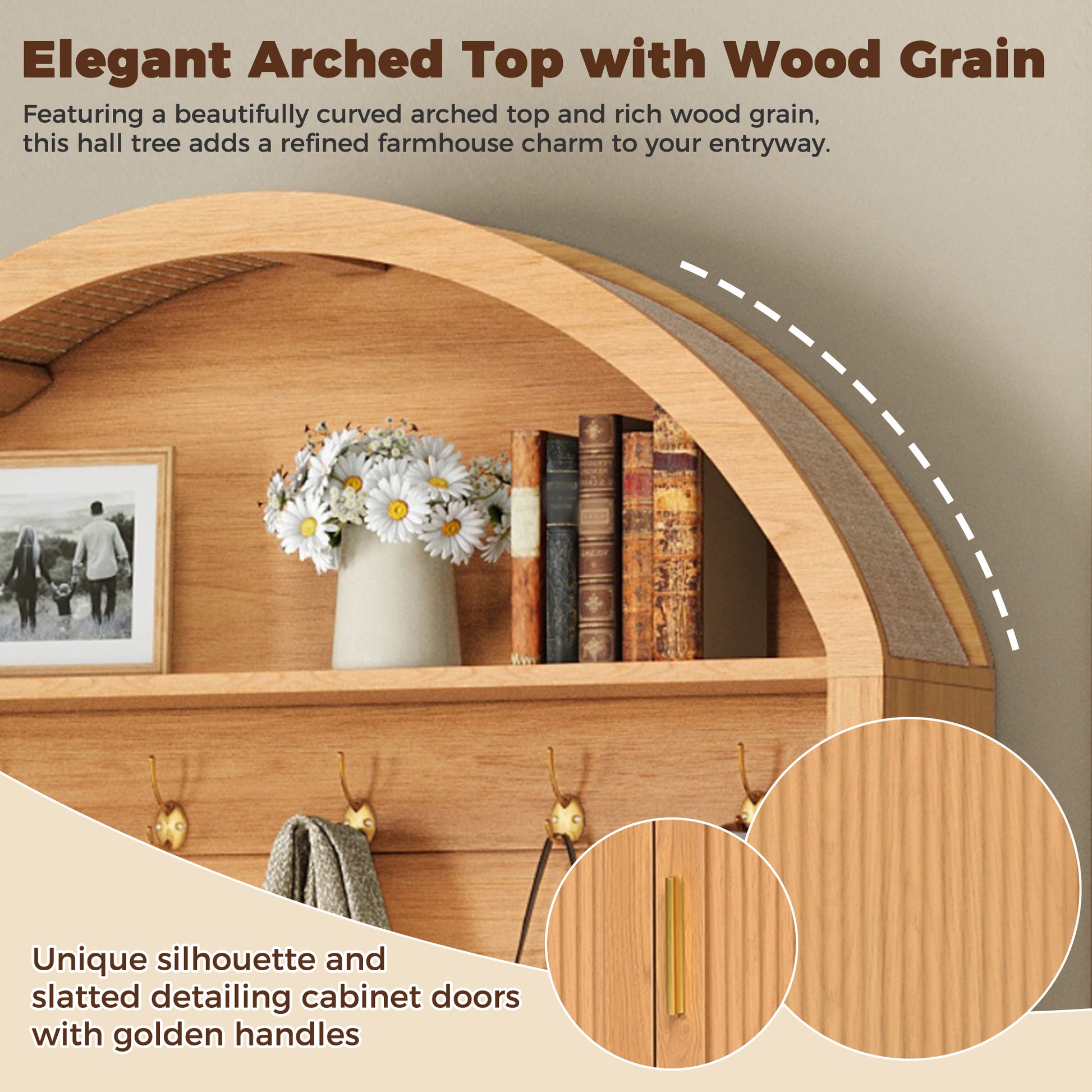 Farmhouse Fabric Arched Top Hall Tree with 5 Metal Hooks, All-in-One Mudroom Furniture with Adjustable Shelves, Mid-Century Fluted Door Entryway Bench with Wood Grain Finish for Hallway, Natural image 3