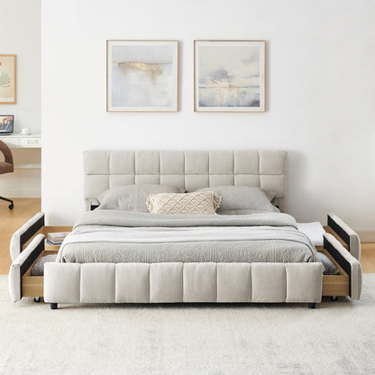Queen Size Upholstered Bed,comfortable upholstered bed frame, Chenille fabric, with headboard and solid bed frame. With drawer for storage.-Beige(88.5''*68.5''*31'') image 5