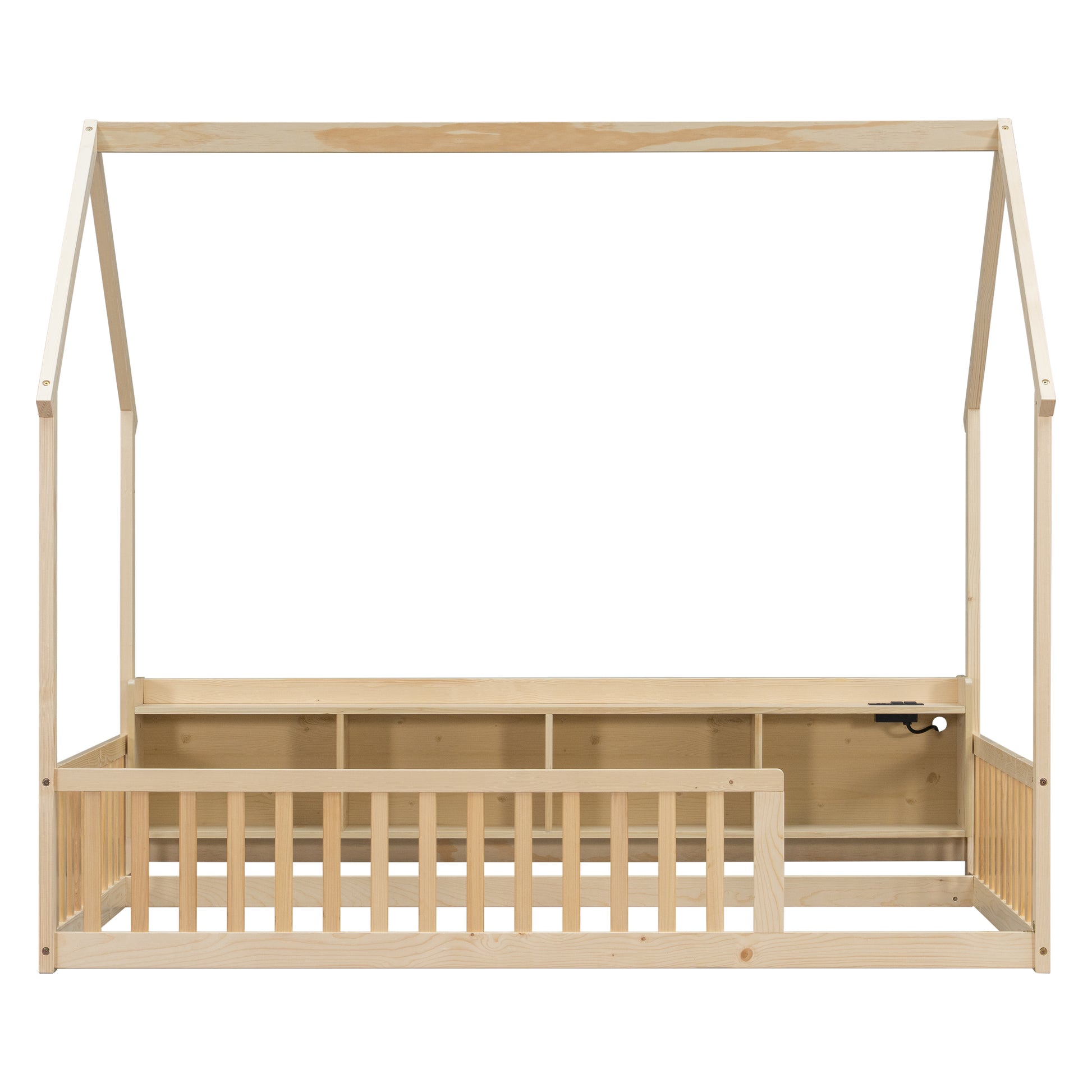Twin House Floor Bed with Storage Shelves,Built-in LED Lights & Charging Station,Pine Wood Floor Bed with Safety Guardrails,Natural image 12