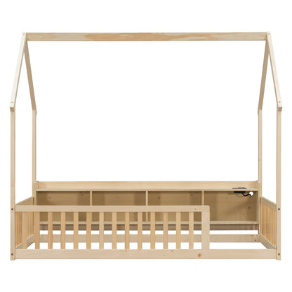 Twin House Floor Bed with Storage Shelves,Built-in LED Lights & Charging Station,Pine Wood Floor Bed with Safety Guardrails,Natural image 12