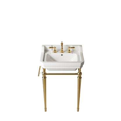 VICI 23" Bathroom Console Sink, Wall-Mounted White Ceramic Vanity Basin with 3 Pre-drilled Faucet Holes, Freestanding Stainless Steel Support Legs with Towel Bar, No Faucet & Sink Cover, Gold Color image 3
