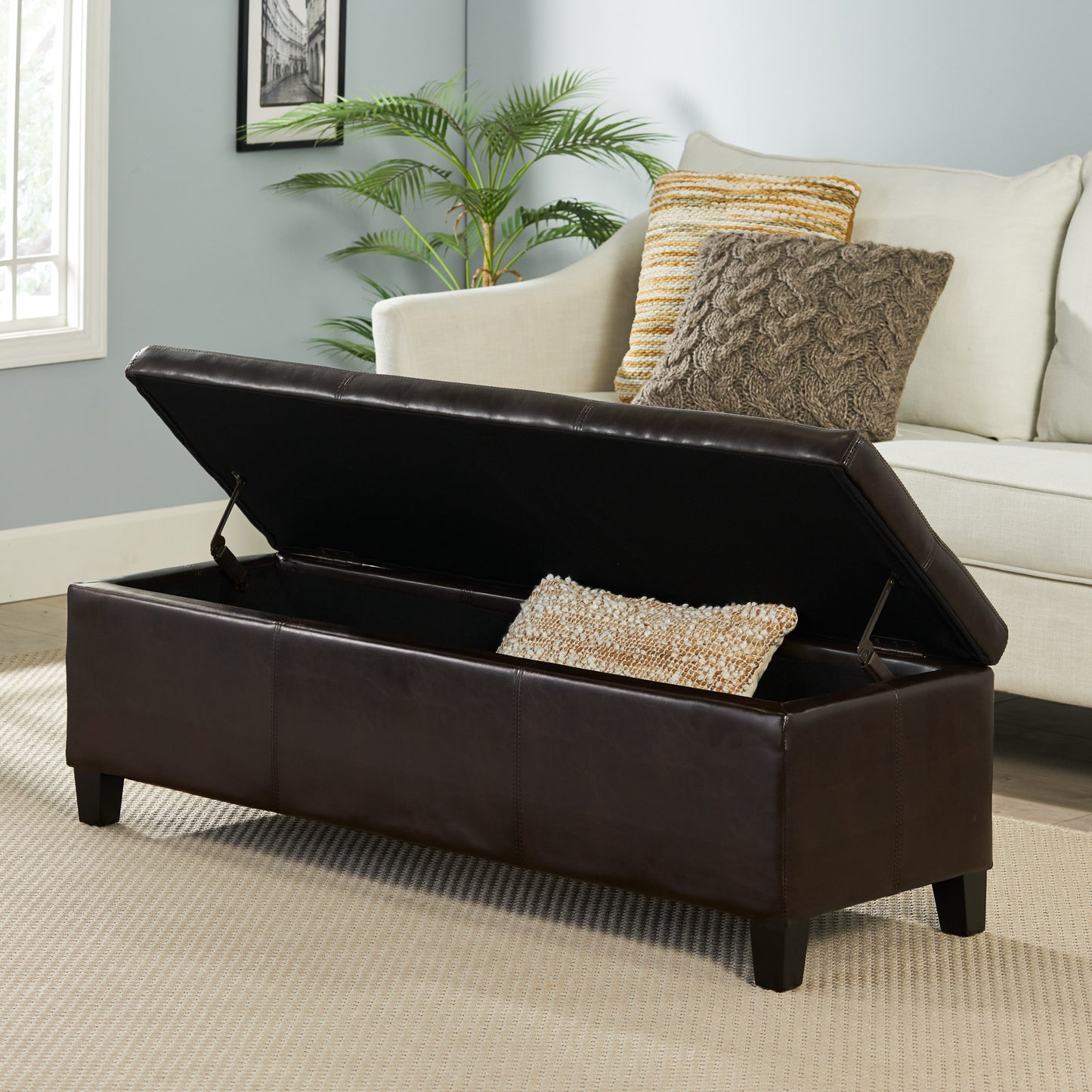 Upholstered PU Leather Storage Ottoman, Solid Wooden Legs (old sku 57742.00BRN) image 2