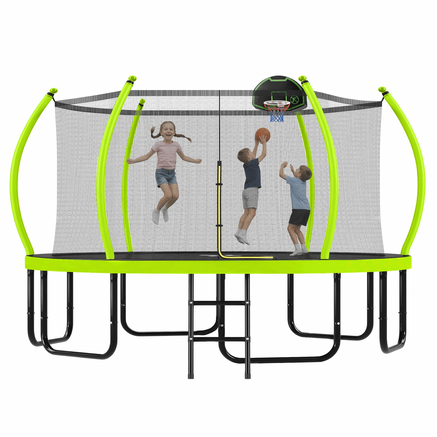 16FT Trampoline with Basketball Hoop for Kids and Adults, Round Outdoor Trampoline with Enclosure Net & Curved Poles & Ladder,Green image 10