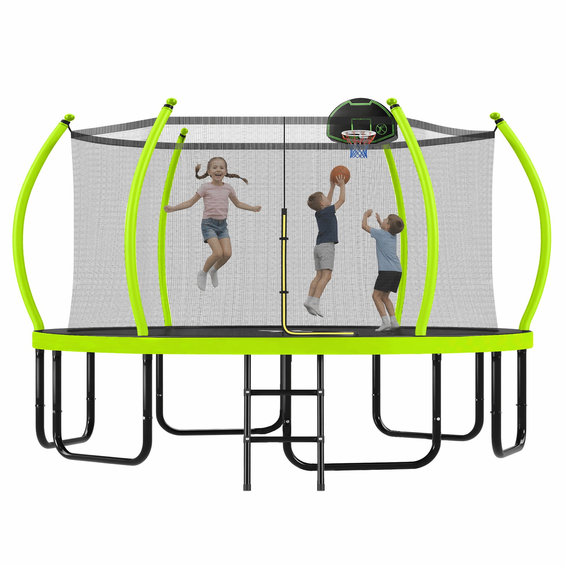 16FT Trampoline with Basketball Hoop for Kids and Adults, Round Outdoor Trampoline with Enclosure Net & Curved Poles & Ladder,Green image 10