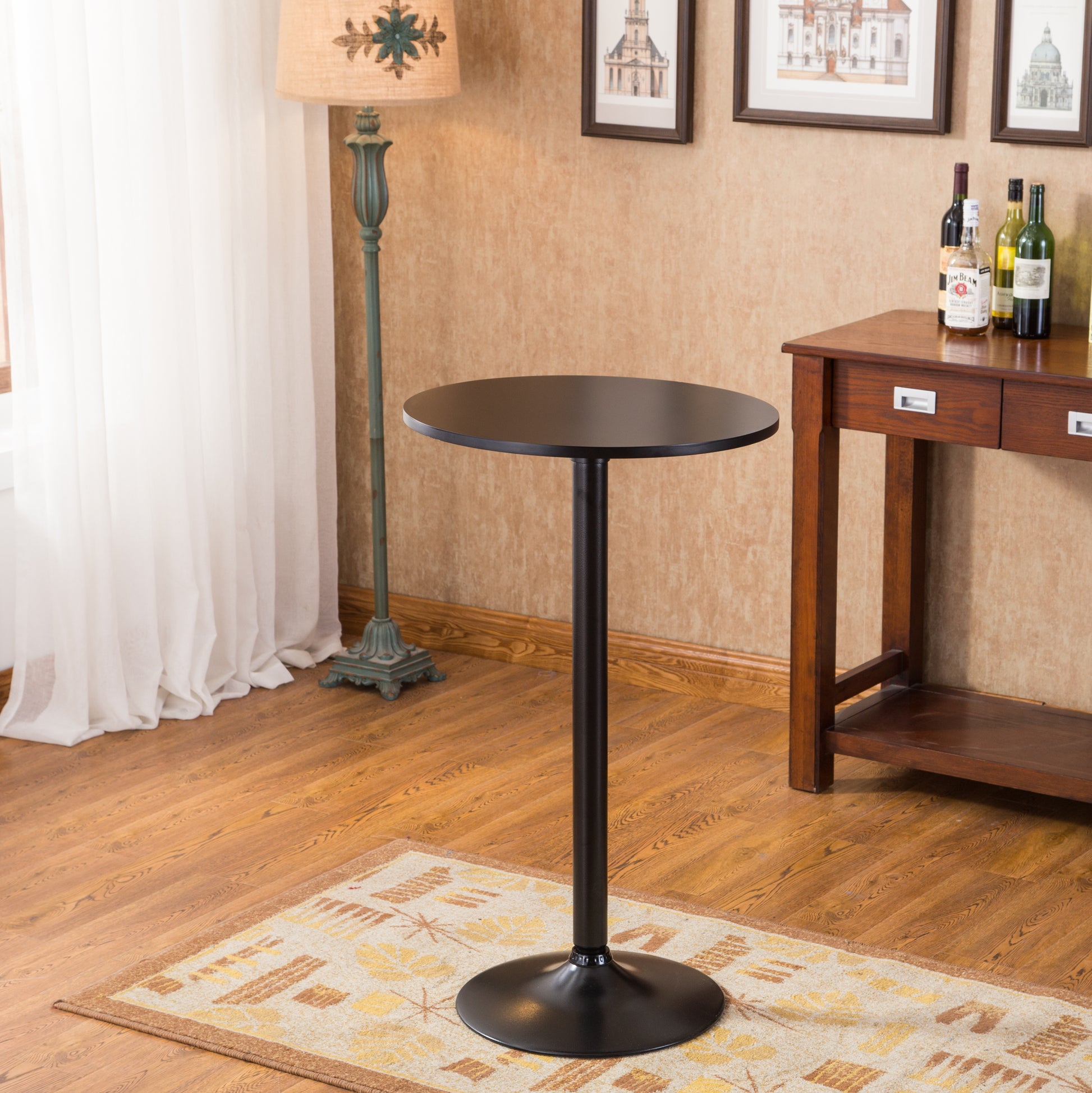 Belham Black Round Top with Black Leg And Base Metal Bar Table and 2 Swivel Black Bonded Leather Adjustable Bar Stool Bar Sets image 6