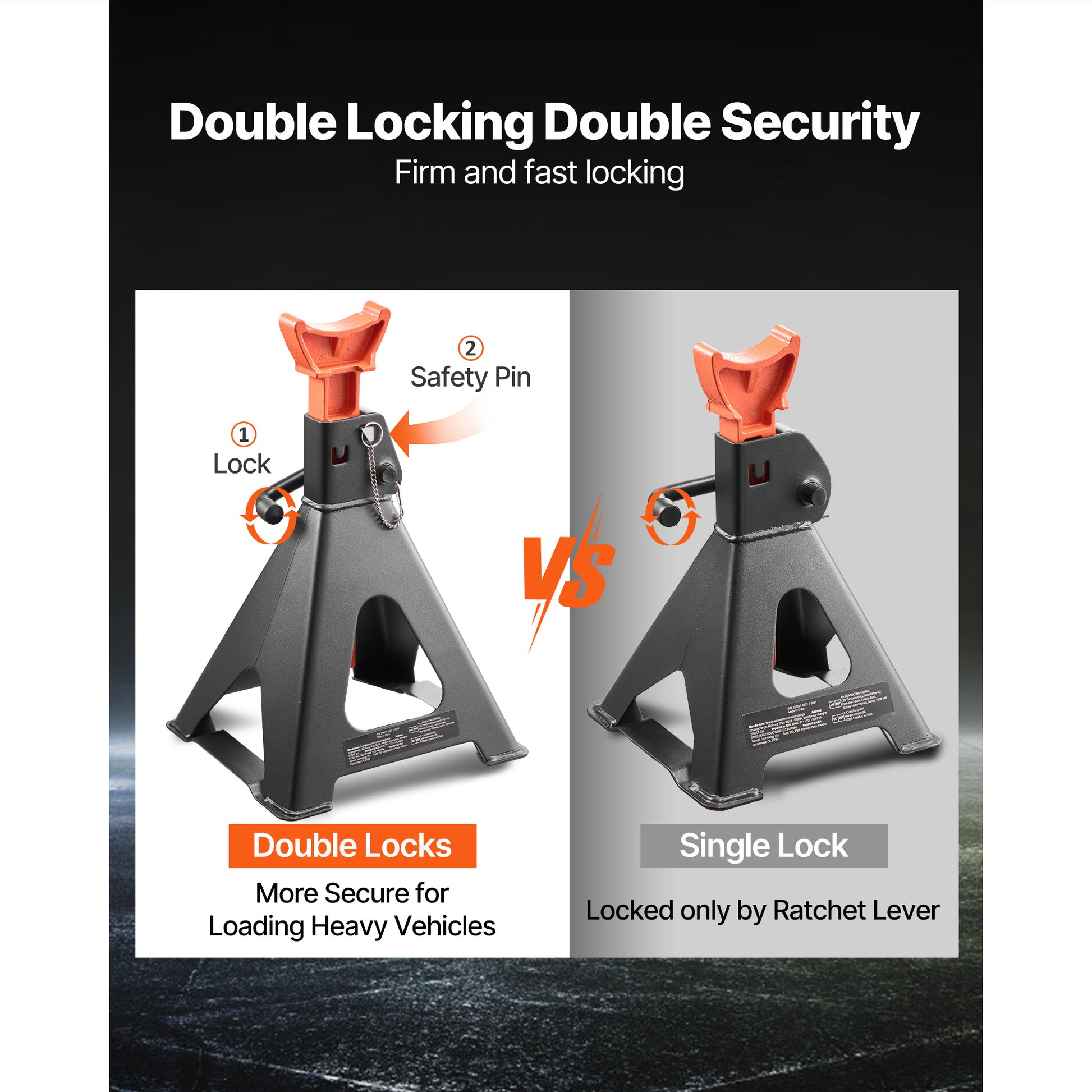 Jack Stands, 6 Ton (13,000 lbs) Capacity, 14.6-22.8 in Adjustable Height, Heavy Duty Steel Jack Auto Stands with Double Locking, for Lifting RV, Small Truck, Car, SUV, 1 Pair, Black and Orange image 3