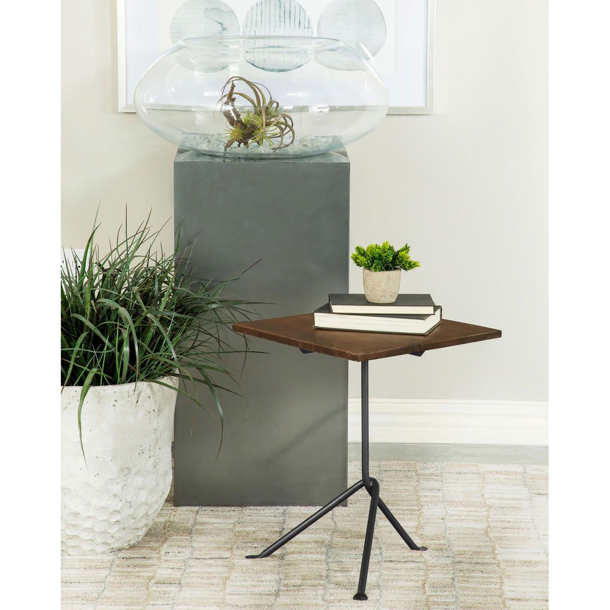 Dark Brown and Gunmetal Accent Table with Tripod Legs image 1