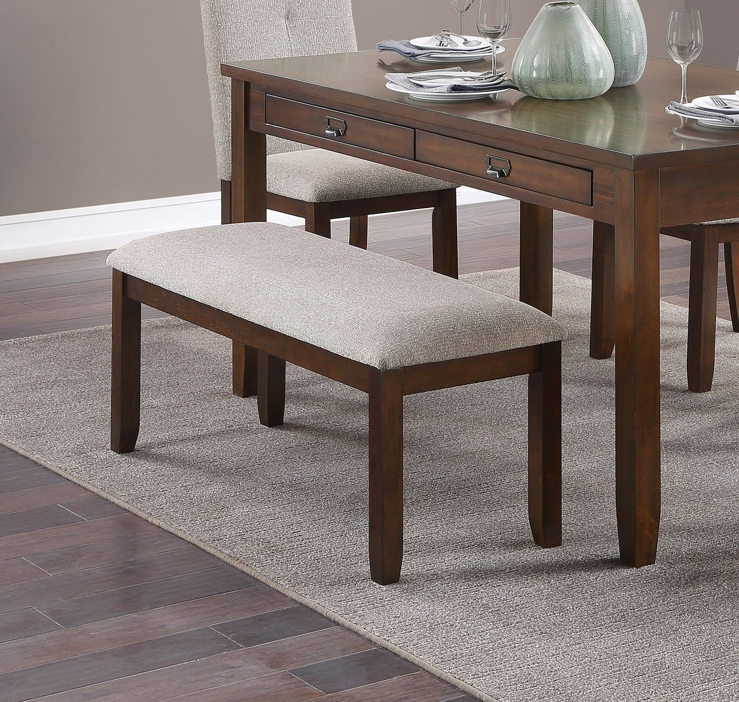 Dark Cherry Finish 6pc Dining Set Table Bench and 4 Side Chair Chenille Upholstery Functional Drawers Table Wooden Funit image 2