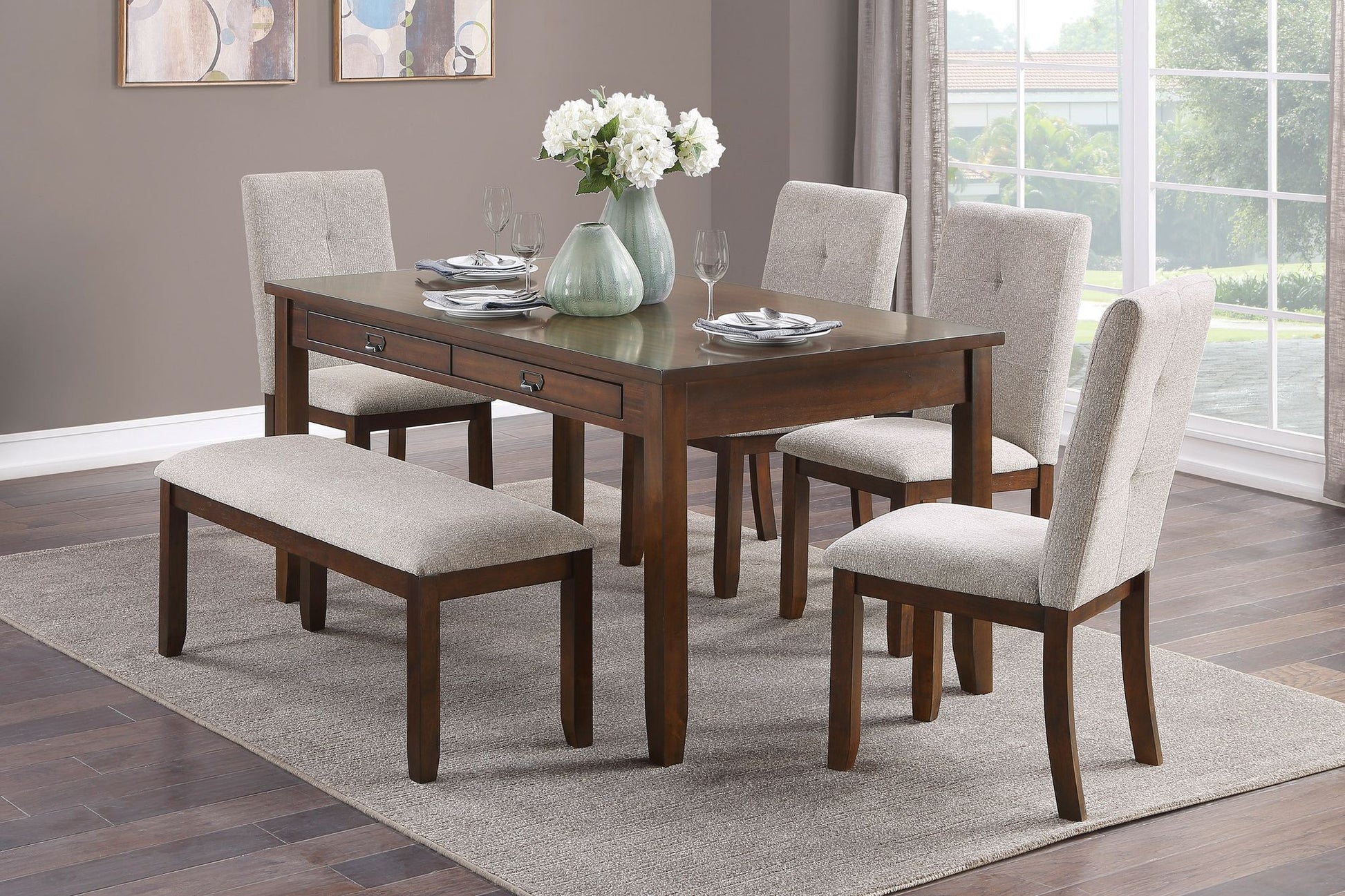 Dark Cherry Finish 6pc Dining Set Table Bench and 4 Side Chair Chenille Upholstery Functional Drawers Table Wooden Funit image 1