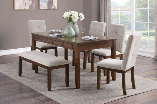 Dark Cherry Finish 6pc Dining Set Table Bench and 4 Side Chair Chenille Upholstery Functional Drawers Table Wooden Funit image 1