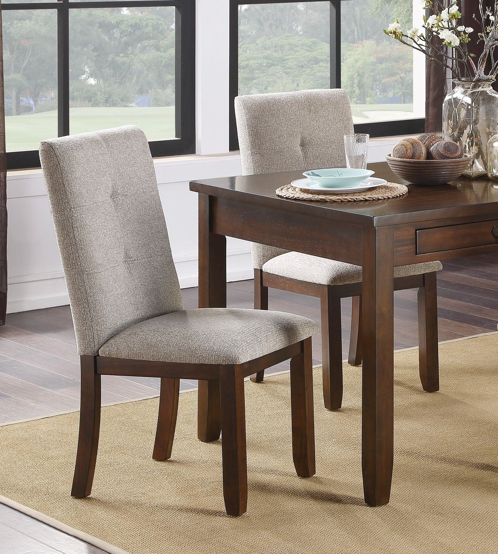 Dark Cherry Finish 6pc Dining Set Table Bench and 4 Side Chair Chenille Upholstery Functional Drawers Table Wooden Funit image 3