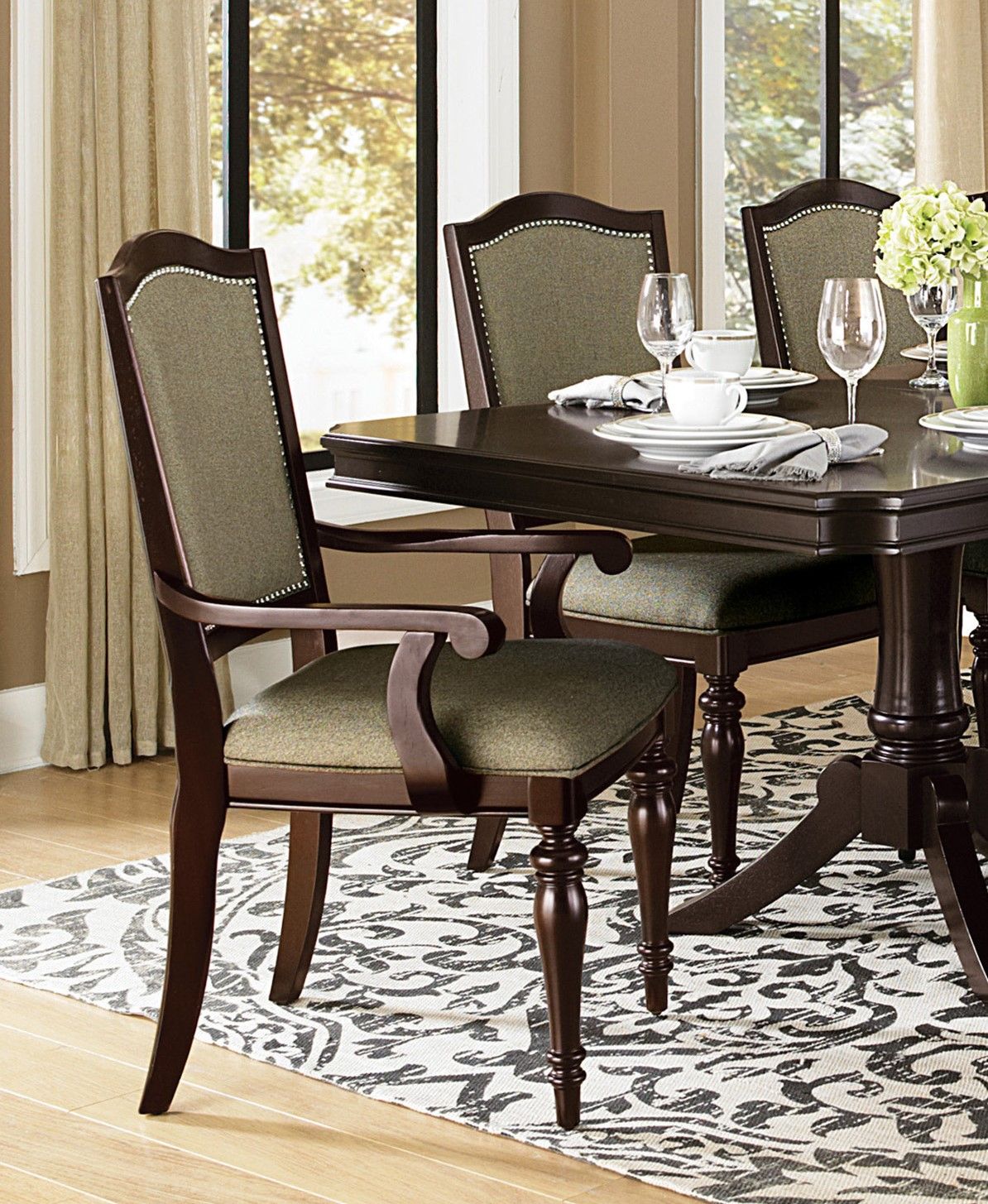 Dark Cherry Finish Armchairs Set of 2 Upholstered Seat and Back Nailhead Trim Wooden Furniture Armrest Chairs Set image 5