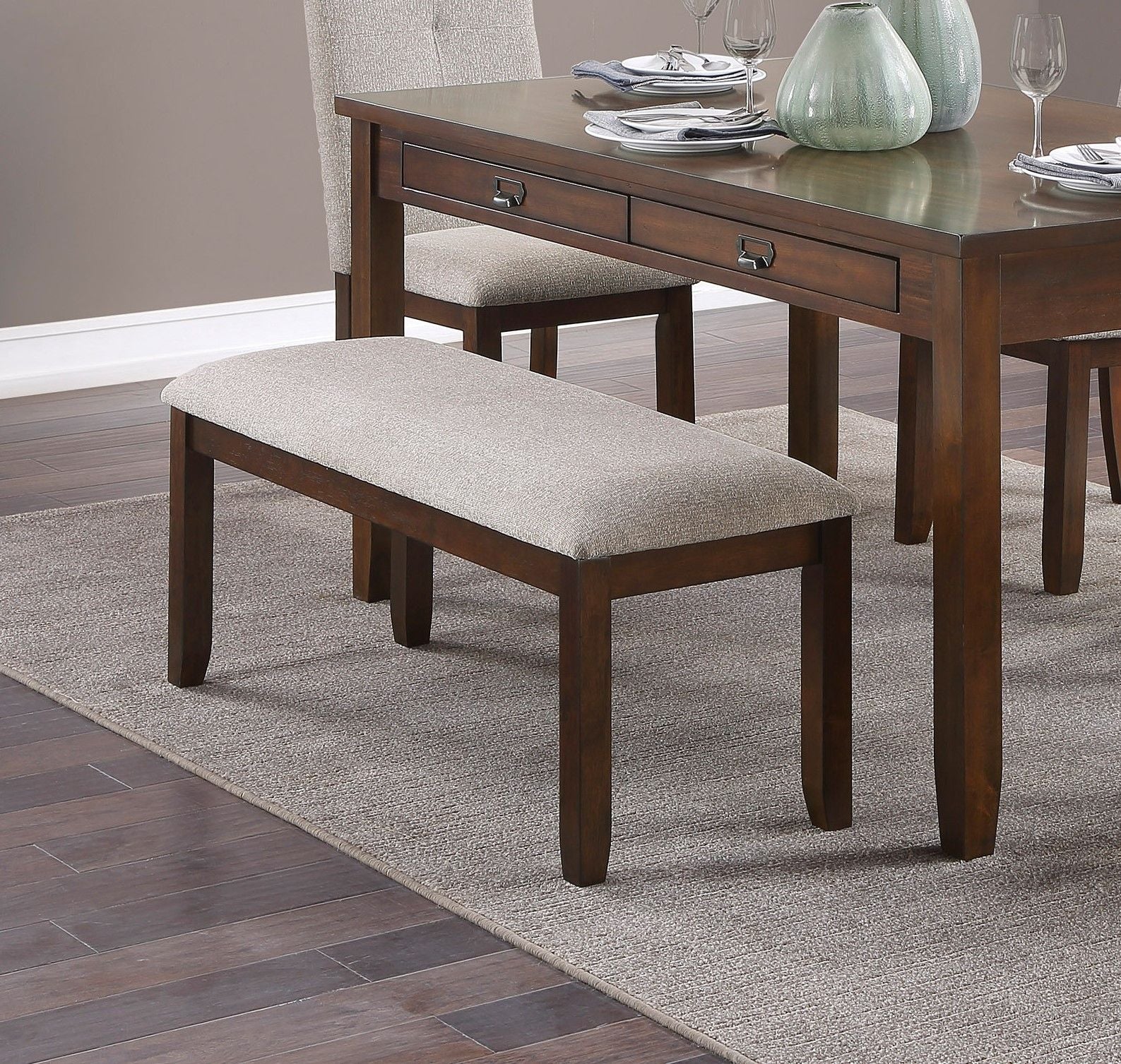 Dark Cherry Finish Wooden Frame 1pc Bench Chenille Upholstery Dining Furniture Kitchen Breakfast image 1