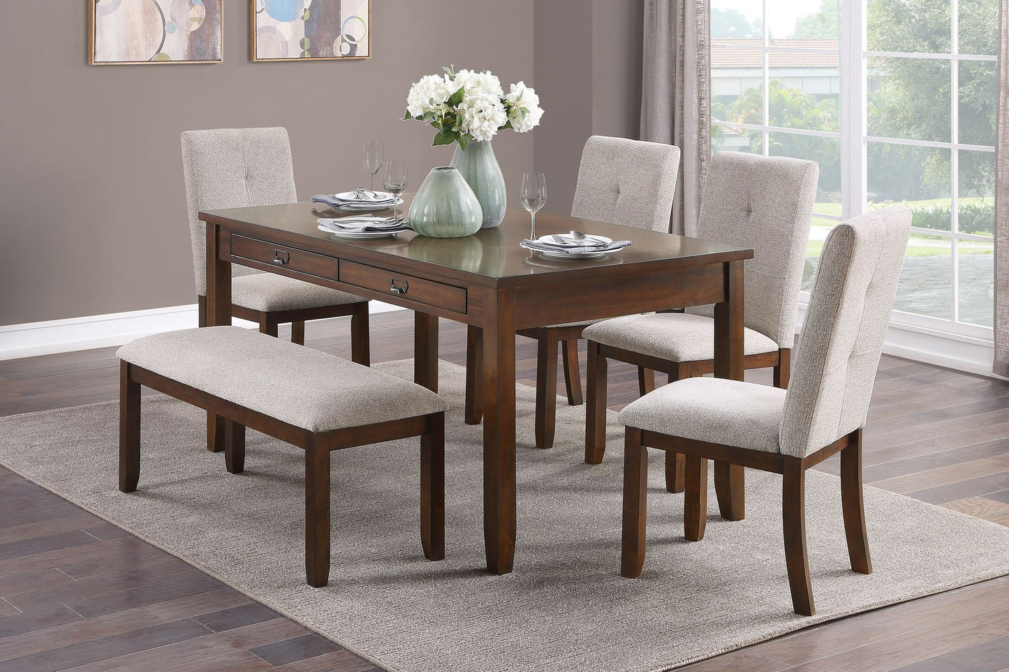 Dark Cherry Finish Wooden Frame 1pc Bench Chenille Upholstery Dining Furniture Kitchen Breakfast image 4