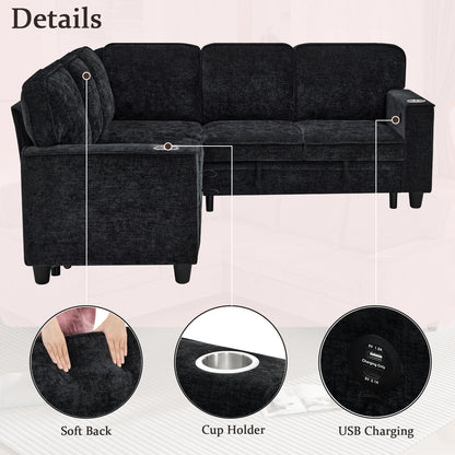 L-Shaped Sofa with Pull Out Sofa Bed, Sleeper Sofa Couch Bed with Storage Seat, 5 Seat Sectional Sofa Bed with USB, Sectional Sofa Couch for Living Room, Apartment, Charcoal Grey image 8