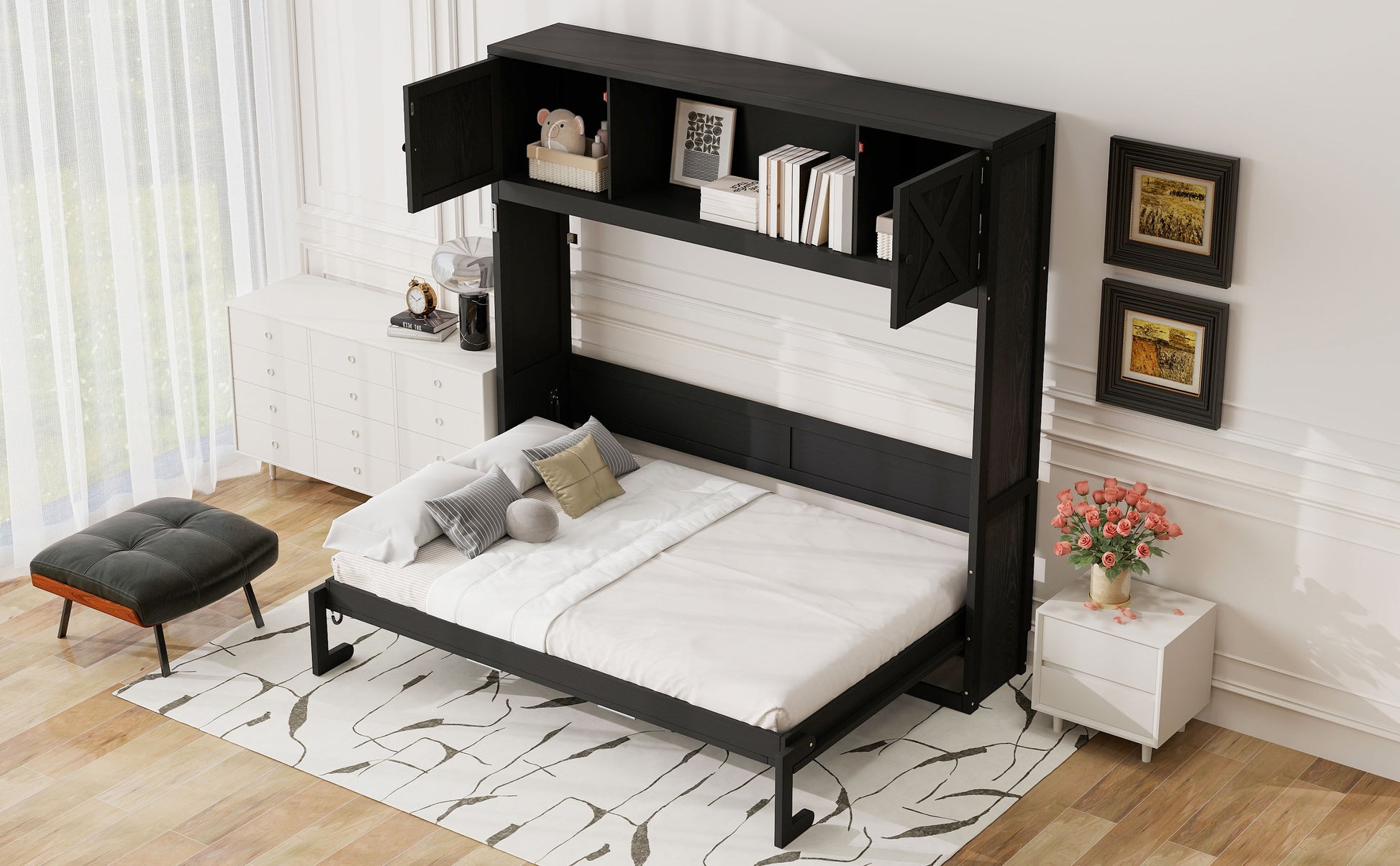 Full Size Murphy Bed with Storage Cabinets, Black image 5