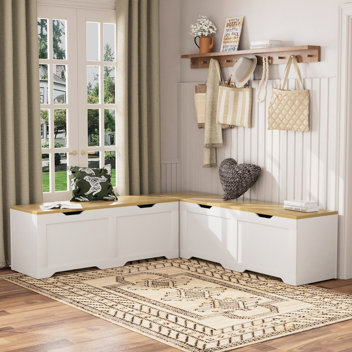 3-Piece L-Shaped Multi-Functional Storage Bench with Cushion, serving as a kitchen corner bench, toy storage box, or reading nook seat., White and Natural, 63"D x 63"W x 19.1"H image 8