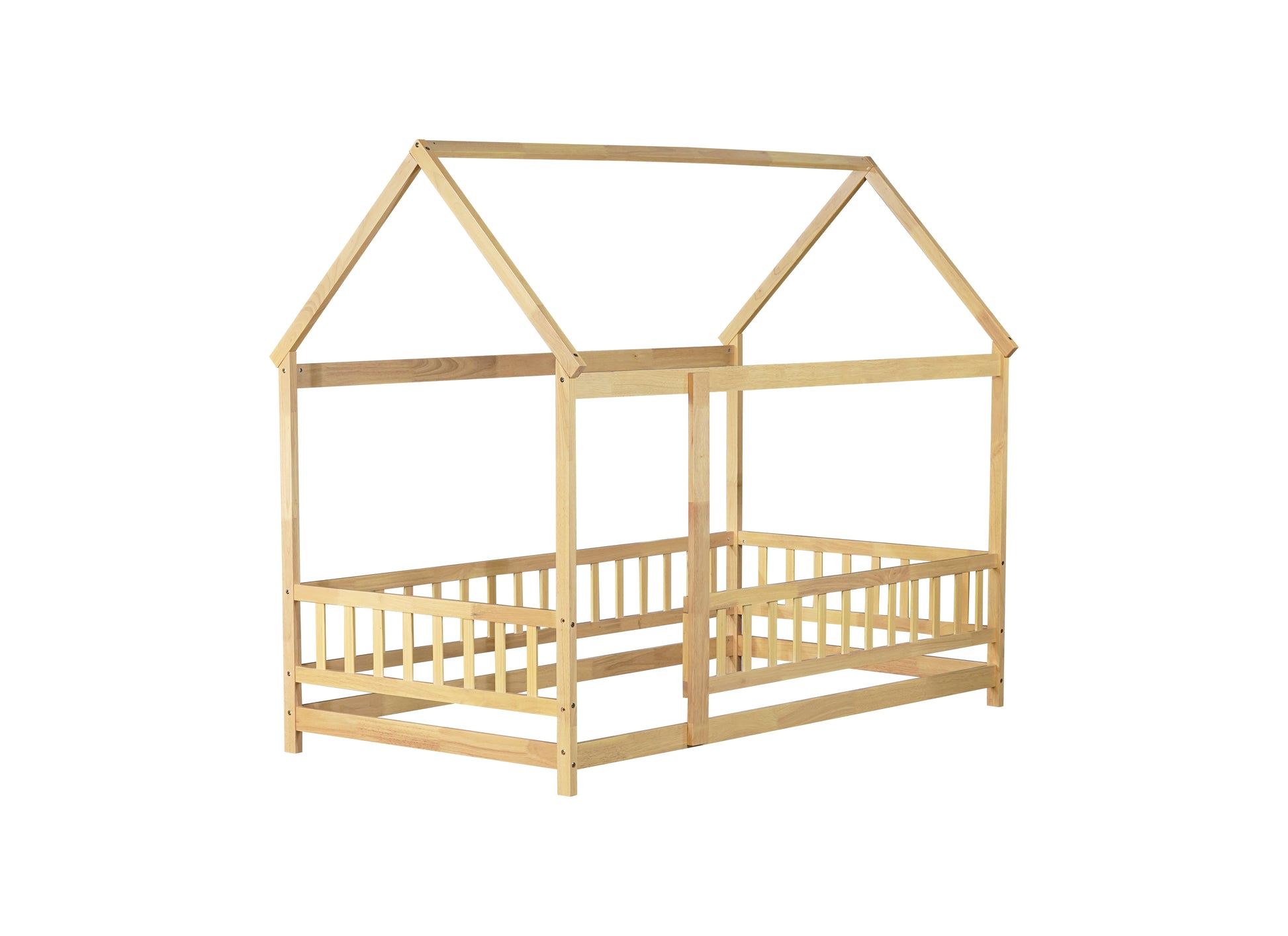 Twin Size House Floor Wooden Bed with Roof Frame,Safety Guardrails,Natural (Old Sku W504P286404) image 11