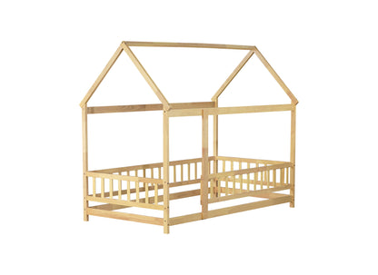 Twin Size House Floor Wooden Bed with Roof Frame,Safety Guardrails,Natural (Old Sku W504P286404) image 11