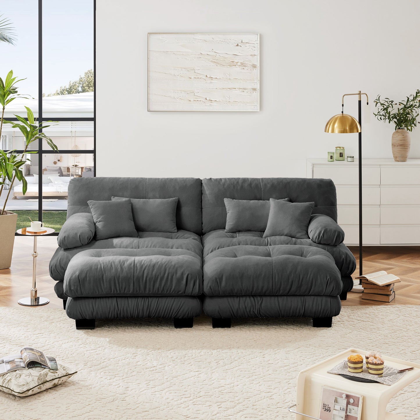 Cloud Couch Sleeper Sofa for Living Room, Chenille 2 Seater sofa with 2 Lumbar pillows and 2 throw pillows, Upholstered Wide Arm Sofa with 2 Ottomans,Chenille Gray image 3