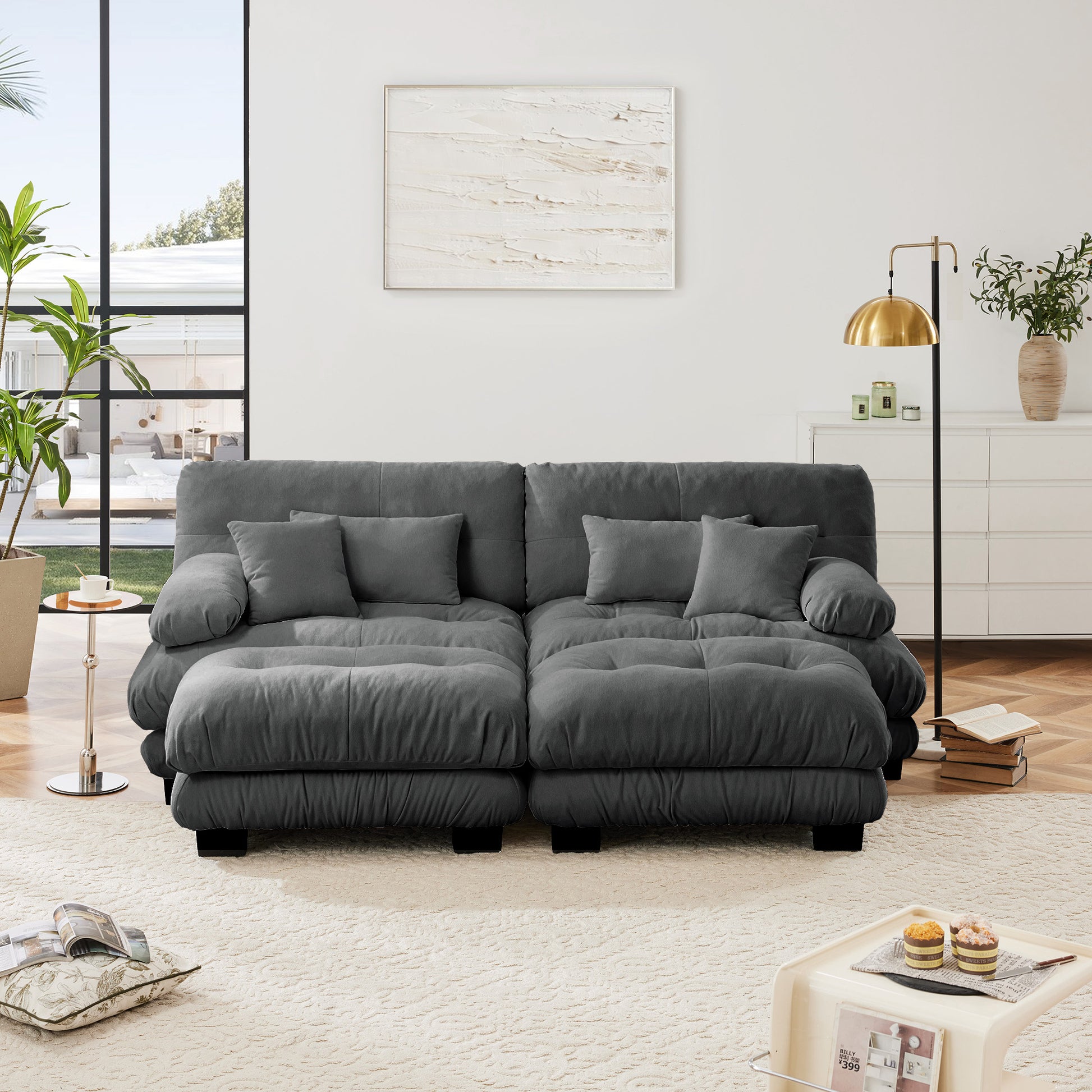 Cloud Couch Sleeper Sofa for Living Room, Chenille 2 Seater sofa with 2 Lumbar pillows and 2 throw pillows, Upholstered Wide Arm Sofa with 2 Ottomans,Chenille Gray image 3