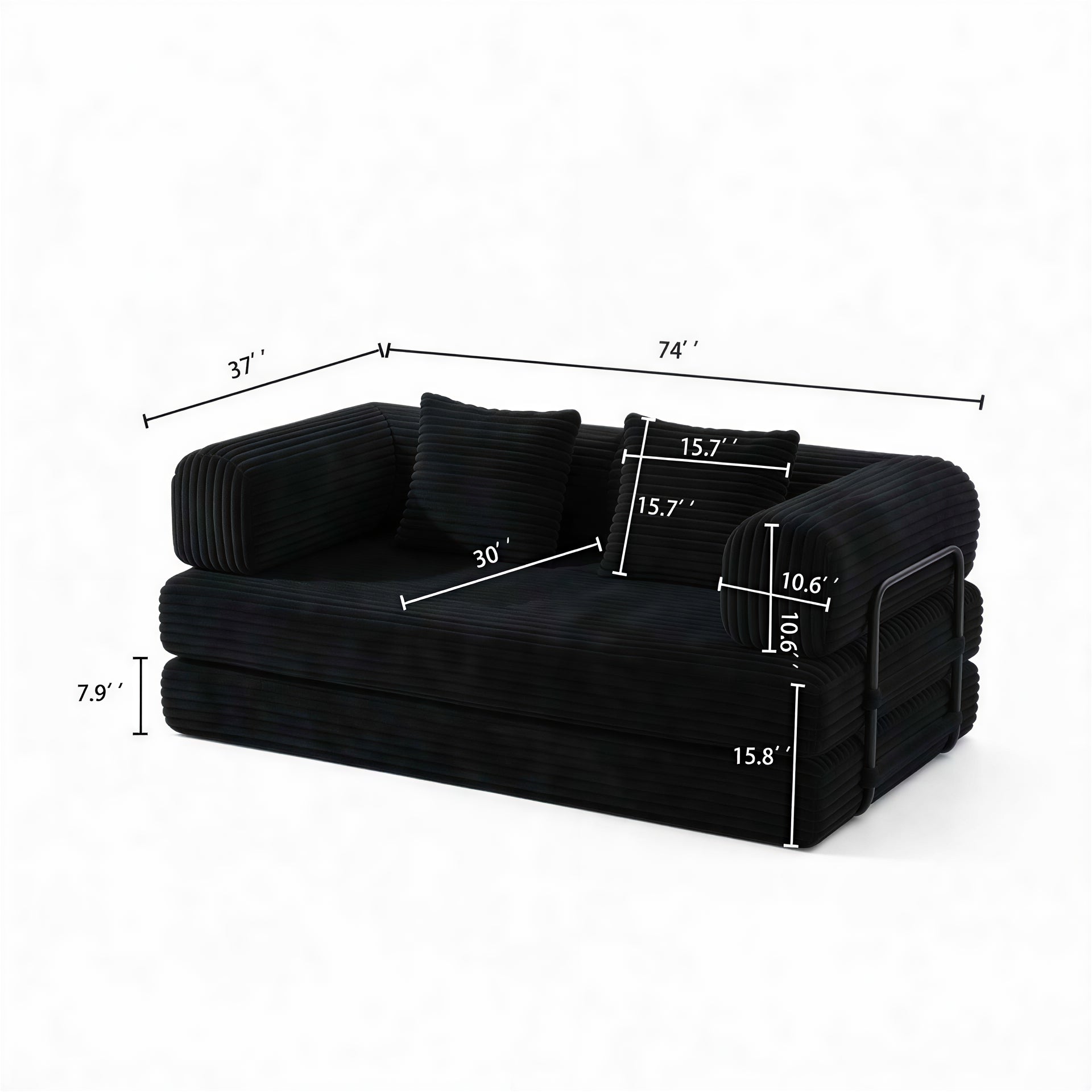 Compression Sofa,Convertible Floor Sofa Bed-with Pillow Back Support Armrest,Comfy Futon Couch Sleeper Bed,Loveseats Boneless Modular Sectional Sofa,Corduroy fabric,for Living Room,Bedroom,Black image 8