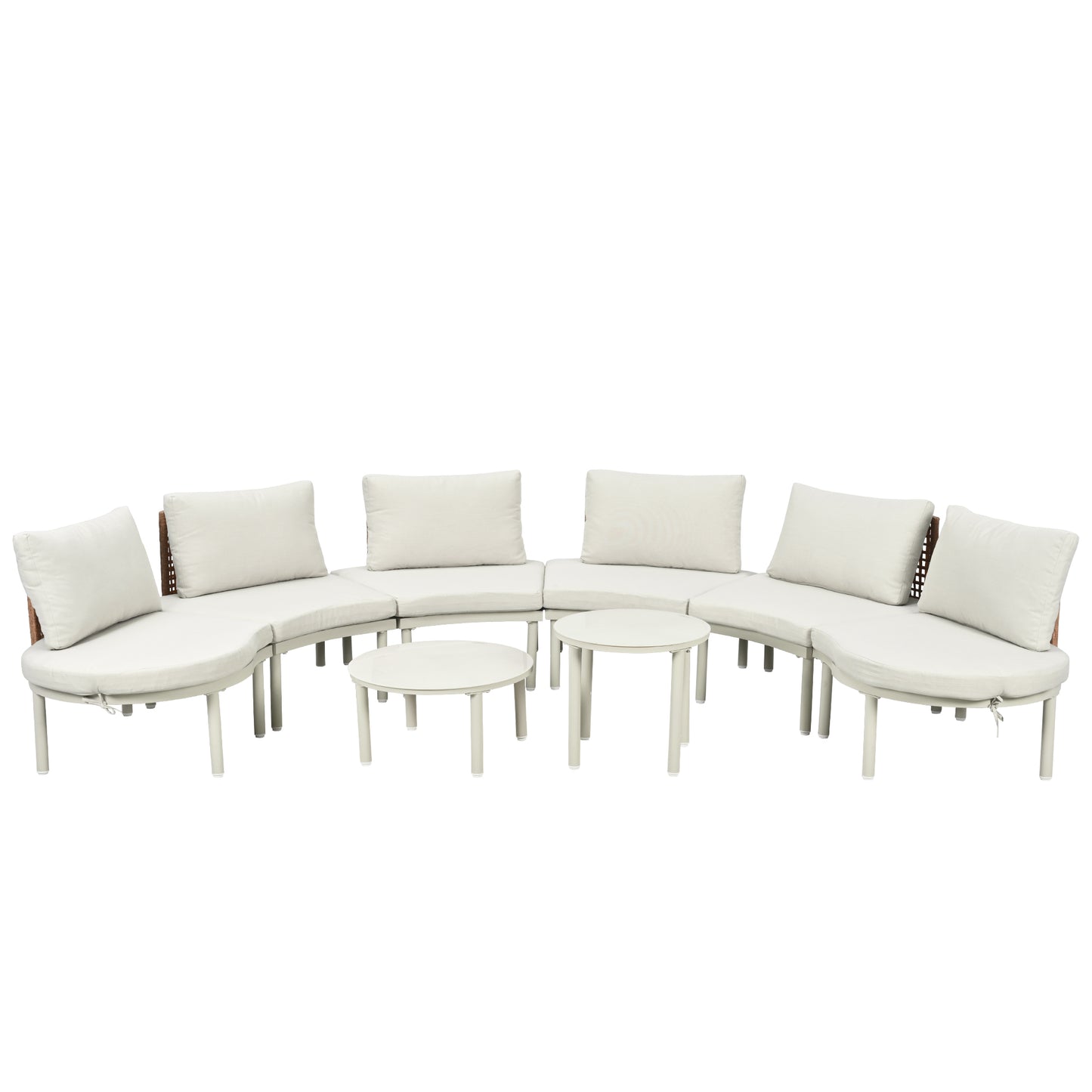 TOPMAX 8-Piece Patio Sofa Furniture Set, Half Moon Outdoor Sectional Sofa with 2 High-Low Coffee Tables, PE Wicker Rattan, Tempered Glass, 6 Pillows & Cushions, for Backyard, Garden, Poolside,Beige image 11