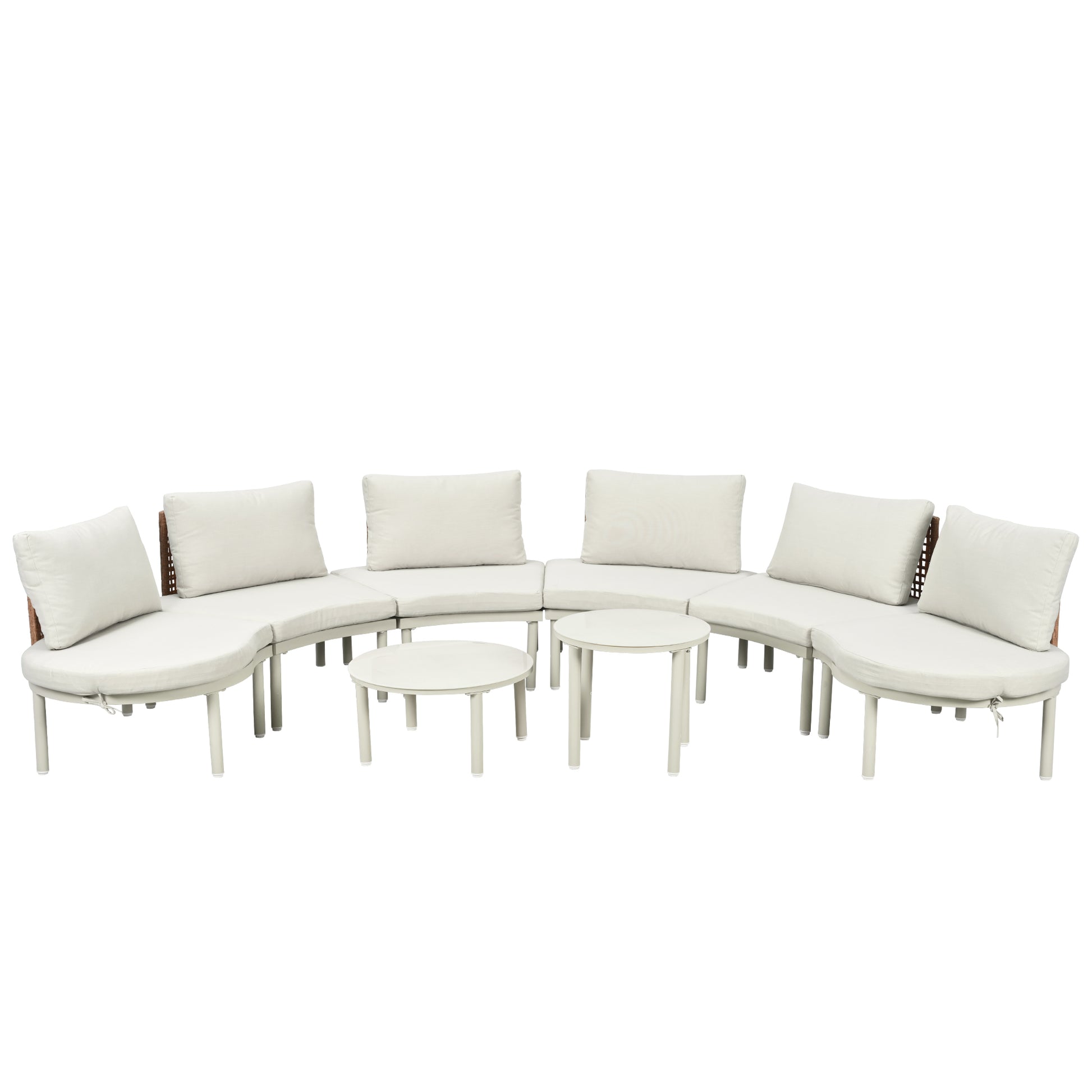 TOPMAX 8-Piece Patio Sofa Furniture Set, Half Moon Outdoor Sectional Sofa with 2 High-Low Coffee Tables, PE Wicker Rattan, Tempered Glass, 6 Pillows & Cushions, for Backyard, Garden, Poolside,Beige image 11