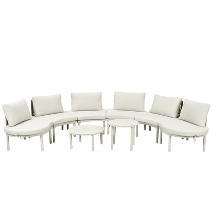 TOPMAX 8-Piece Patio Sofa Furniture Set, Half Moon Outdoor Sectional Sofa with 2 High-Low Coffee Tables, PE Wicker Rattan, Tempered Glass, 6 Pillows & Cushions, for Backyard, Garden, Poolside,Beige image 11