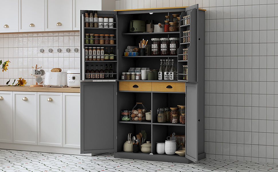 [Assembly Video Provided]TOPMAX 40.2x20x71.3inch High Freestanding Kitchen Pantry Large Cupboard Storage Cabinet with 2 Drawers, 2 Adjustable Shelves, 8 Door Shelves for Kitchen, Dining Room,Gray image 3