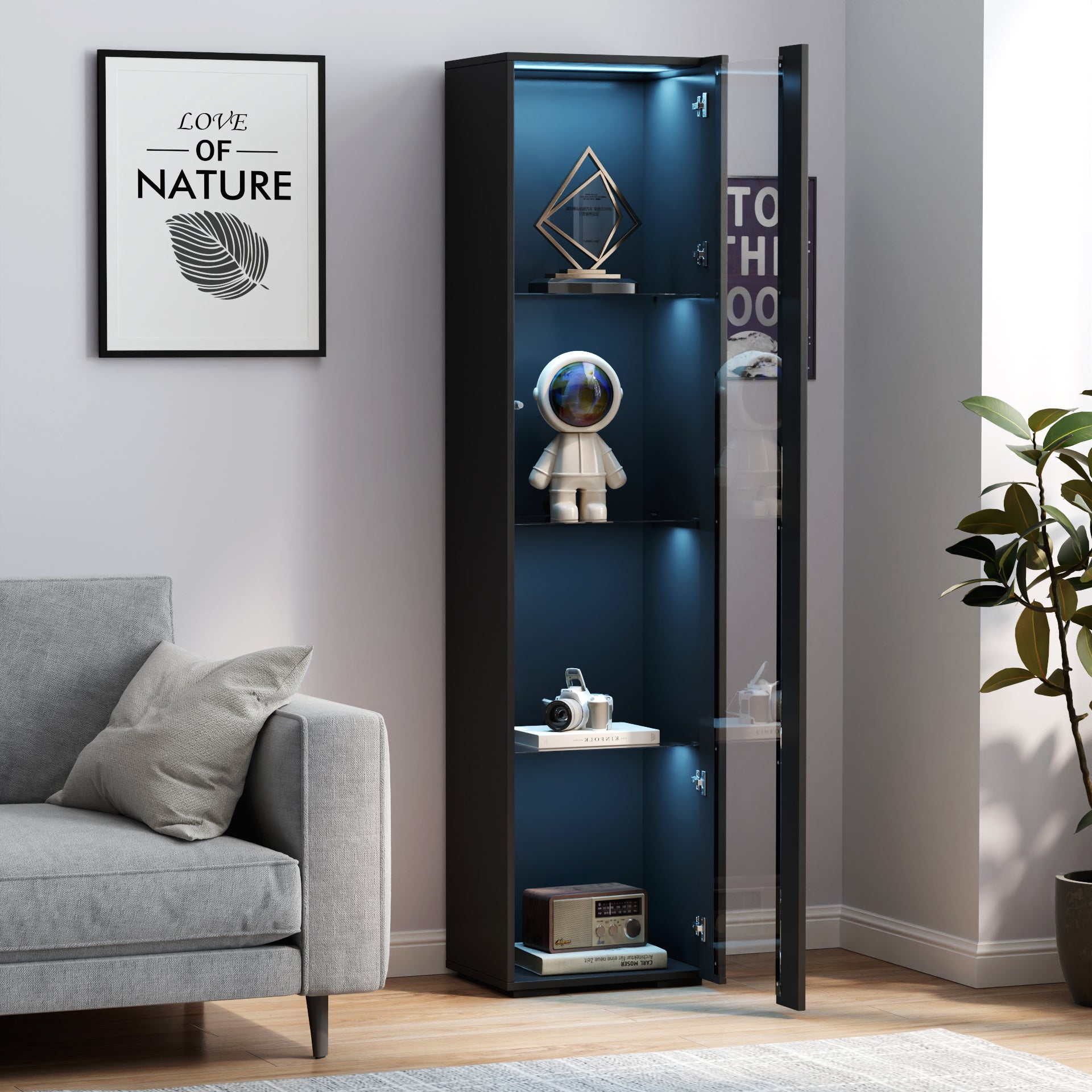 Black side cabinet with aluminum strip lamp,With large storage space image 2