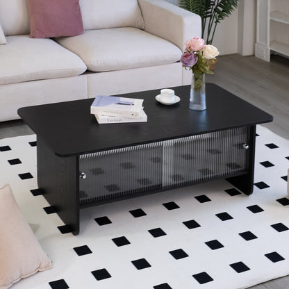 47" Coffee Table With Storage, Rectangular Modern Minimalist Center Table, Fluted Glass Sliding Doors For Living Room Bedroom Guest Room, Black. image 8