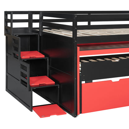 Full XL Loft Bed with Pull-Out Desk and Twin Trundle, Multi-Functional Bunk Bed with 2 Storage Drawers and Storage Steps, Space-Saving Gaming & Workstation Bedframe, Black+Red image 10
