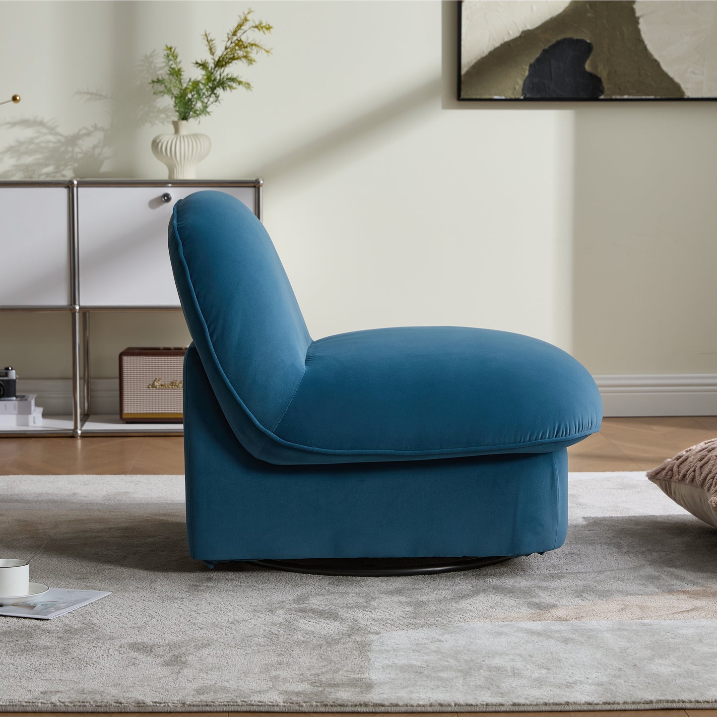 Swivel Accent Chair, 360-degree Metal Base with Velvet Fabric Upholstery, Comfy Pumpkin-Shaped Swivel Chair for Living Room, Bedroom, or Office image 3