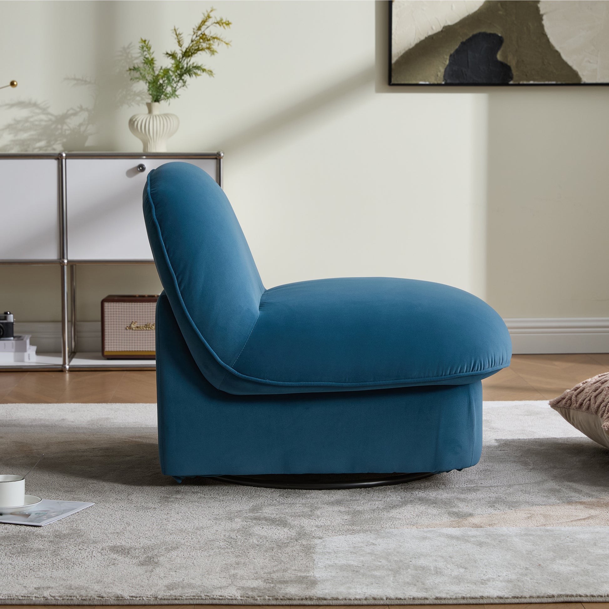 Swivel Accent Chair, 360-degree Metal Base with Velvet Fabric Upholstery, Comfy Pumpkin-Shaped Swivel Chair for Living Room, Bedroom, or Office image 3