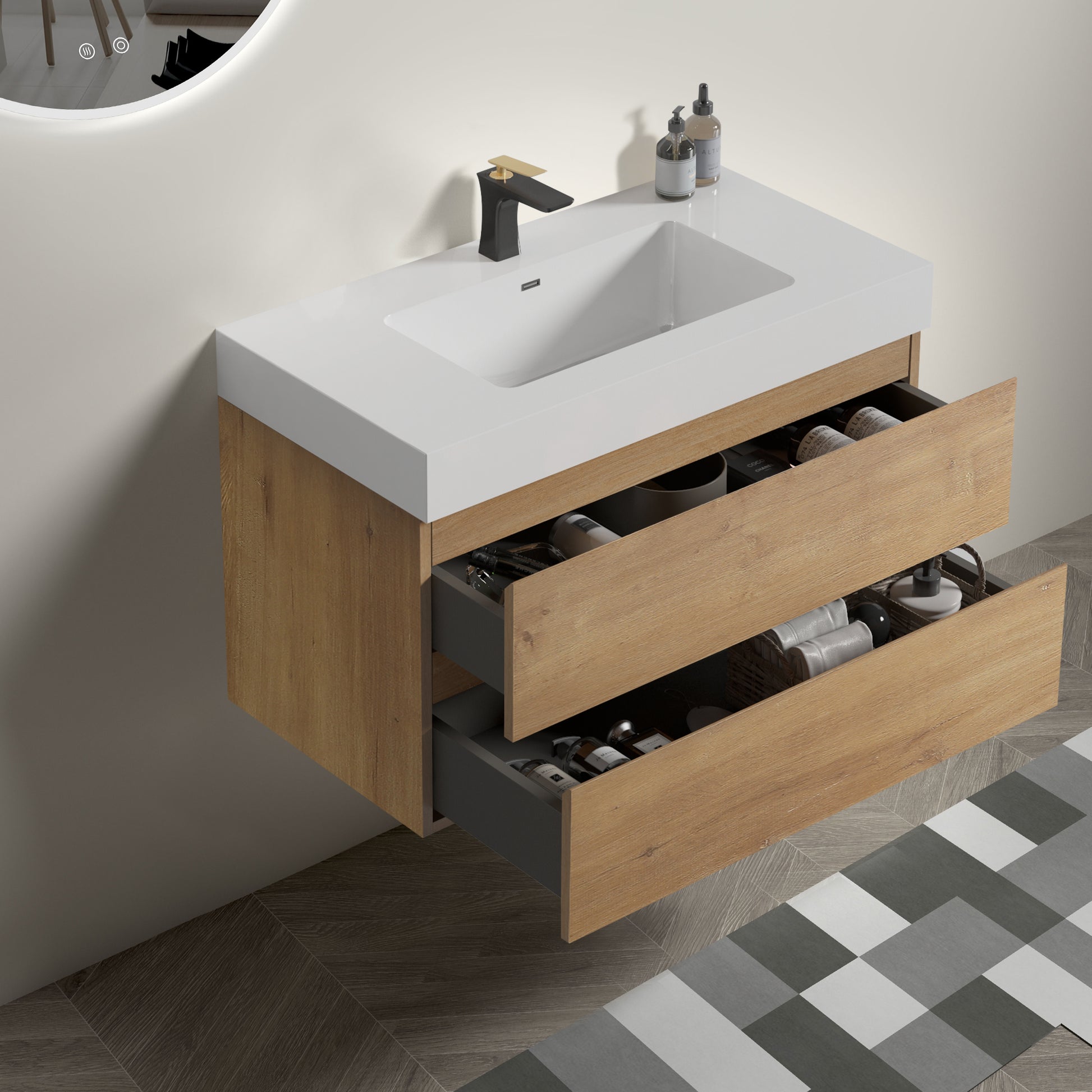 Alice 36" Oak Bathroom Vanity with Black Sink, Large Storage Wall Mounted Floating Bathroom Vanity for Modern Bathroom, One-Piece White Sink Basin without Drain, Pre-assembled image 3