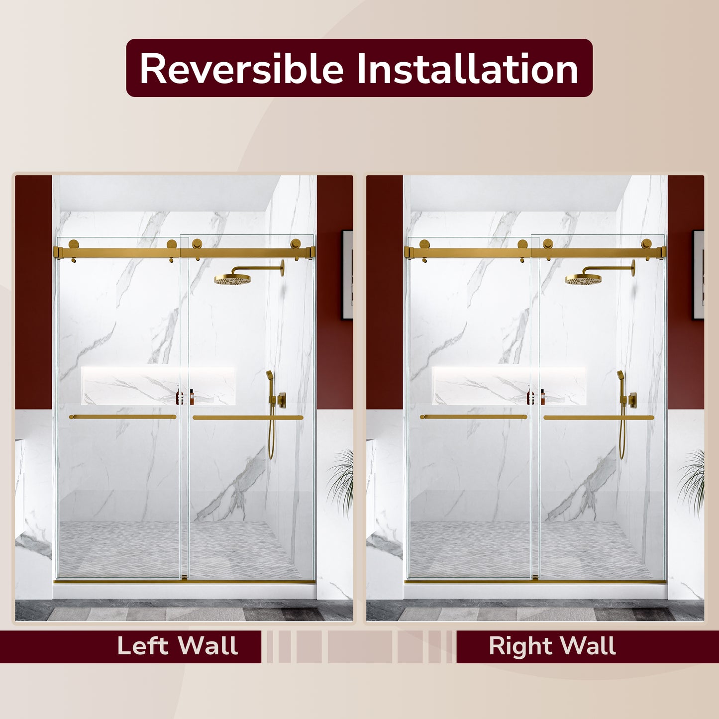 56"-60"W x 80"H Frameless Double Sliding Shower Door, 3/8 inches (10mm) Thick SGCC Tempered Glass Door, Brushed Gold image 11