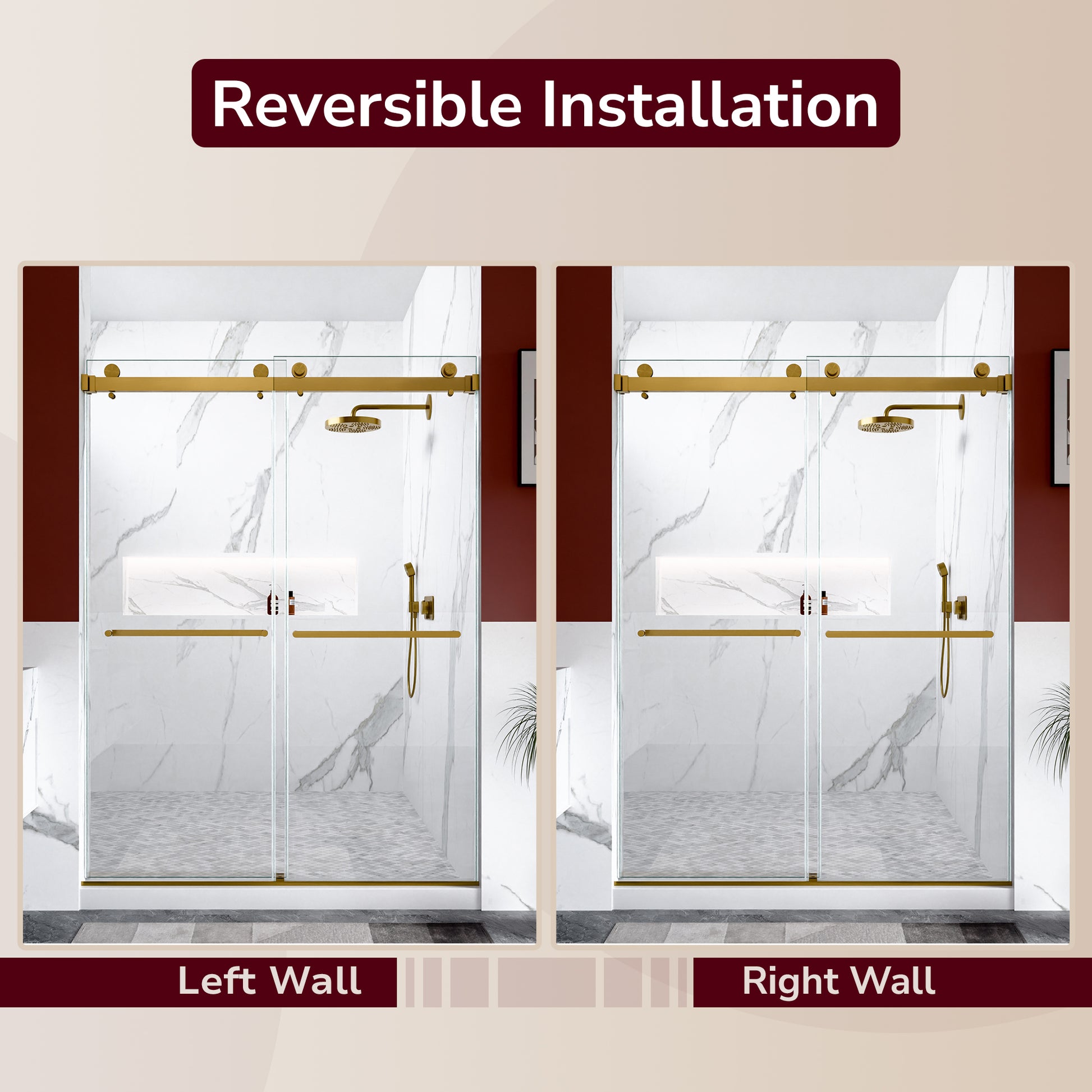 56"-60"W x 80"H Frameless Double Sliding Shower Door, 3/8 inches (10mm) Thick SGCC Tempered Glass Door, Brushed Gold image 11