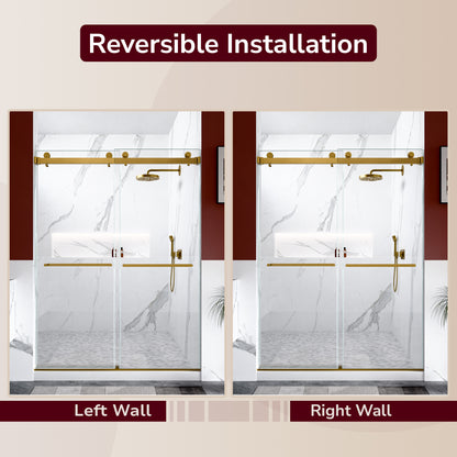56"-60"W x 80"H Frameless Double Sliding Shower Door, 3/8 inches (10mm) Thick SGCC Tempered Glass Door, Brushed Gold image 11