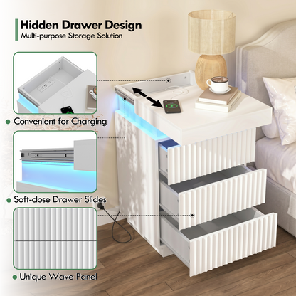 (Set of 2) White Nightstand Set of 2 with Charging Station & LED Lights, Fluted Wave Panel Bedside Table with Sliding Top Hidden Storage, Night Stand for Bedroom Living Room image 2