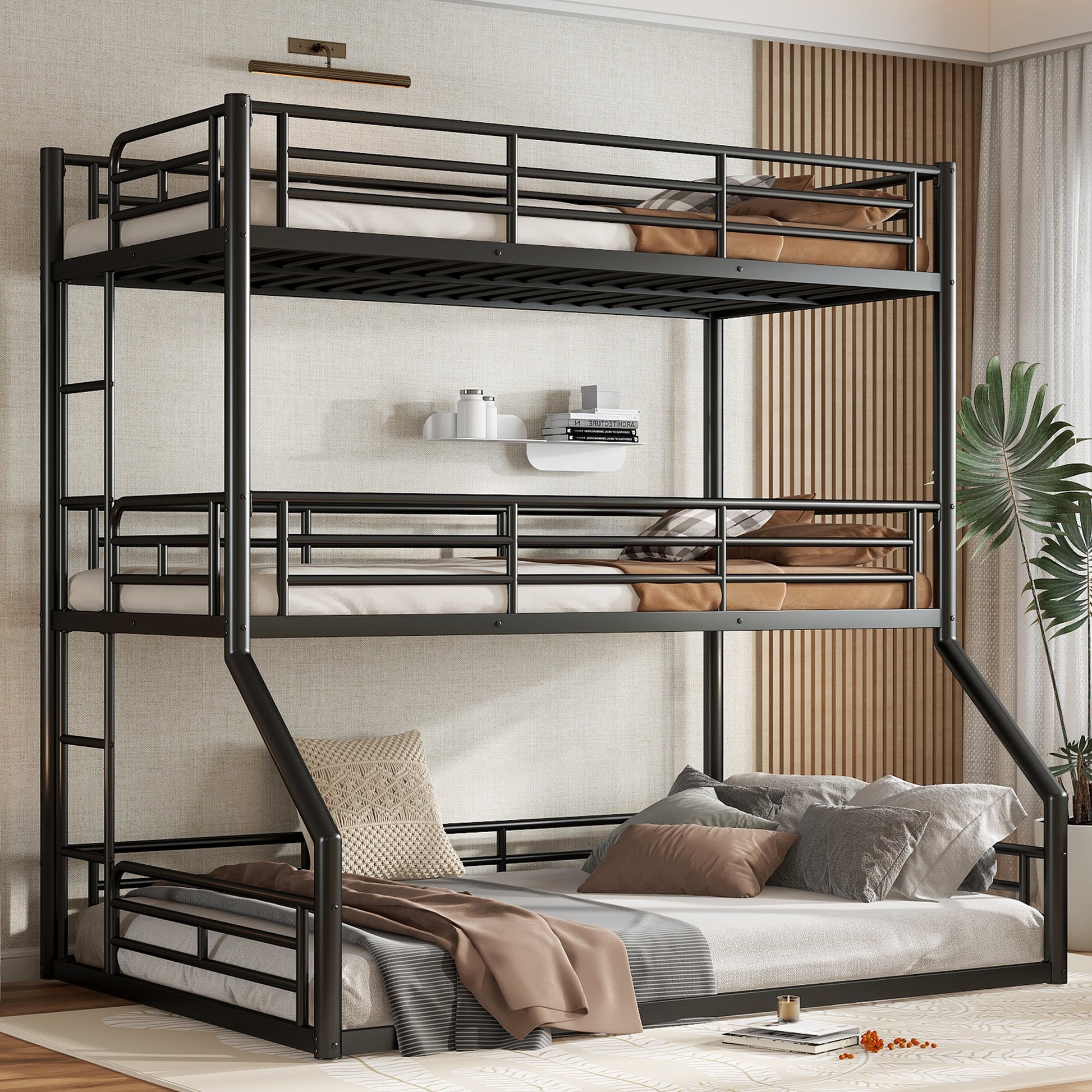 Twin over Twin over Full Bunk Bed, Metal Triple Bunk Bed with Safety Guardrails, Heavy-duty Bunk Bed with Noise-reduced Design, Black image 1