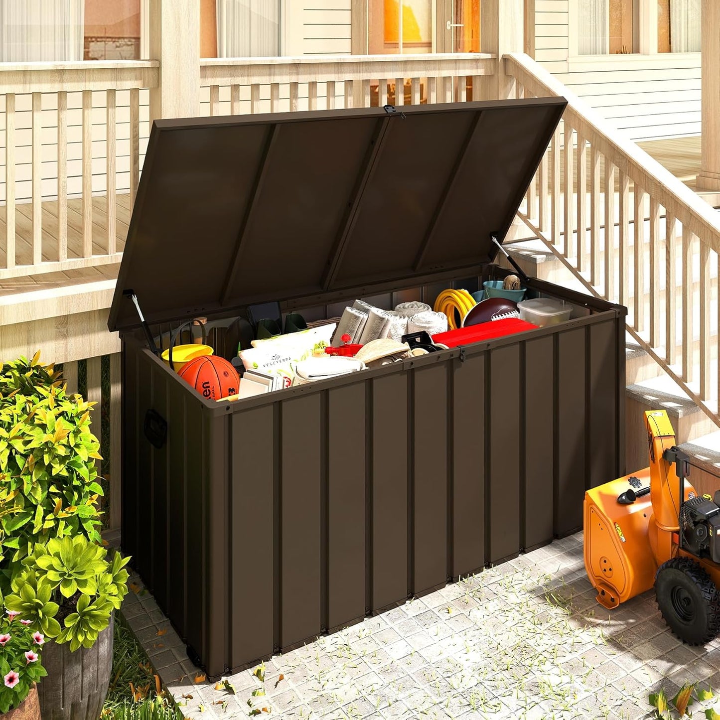 200 Gallon Metal Deck Box, Waterproof Outdoor Storage Box with Lockable Lid, Large Pool Storage Cabinet for Patio Furniture Garden Tools Pool-Supplies, Brown image 2